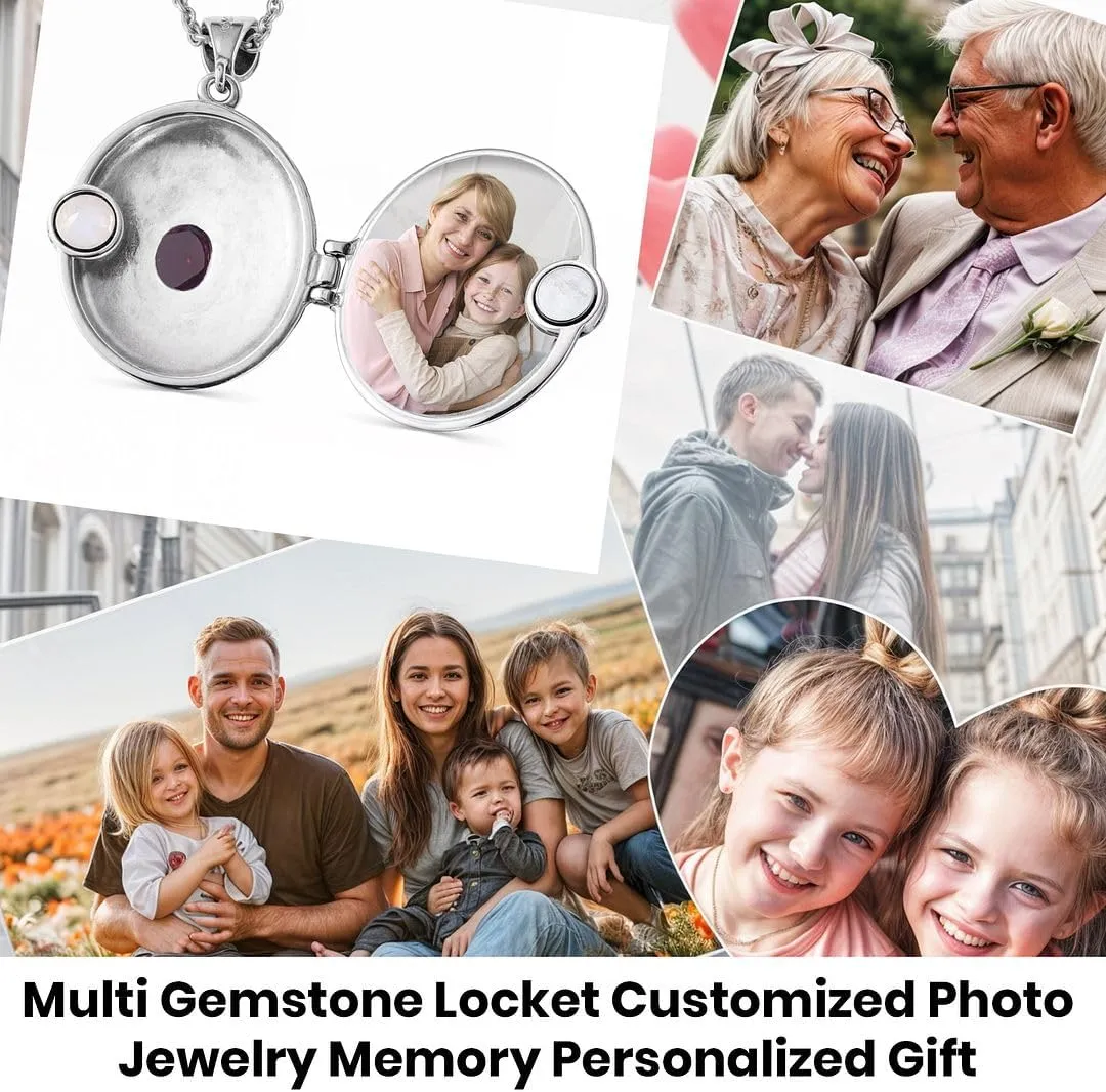 SHOP LC Multi Gemstone Picture Locket Necklace for Women Customized Photo Jewelry Memory Personalized Birthday Gifts for Women Stainless Steel Chain 24'' Birthday Gifts