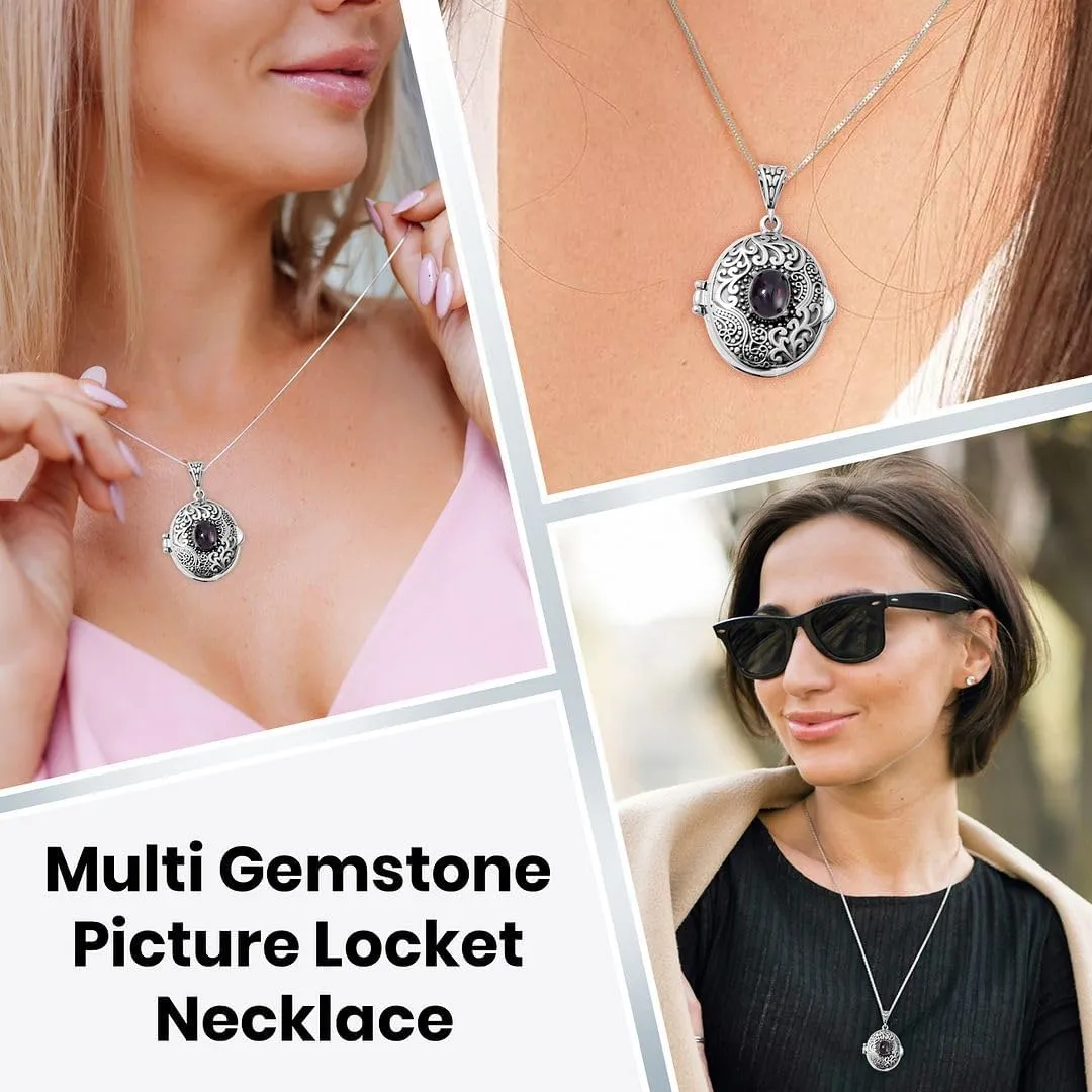 SHOP LC Multi Gemstone Picture Locket Necklace for Women Customized Photo Jewelry Memory Personalized Birthday Gifts for Women Stainless Steel Chain 24'' Birthday Gifts
