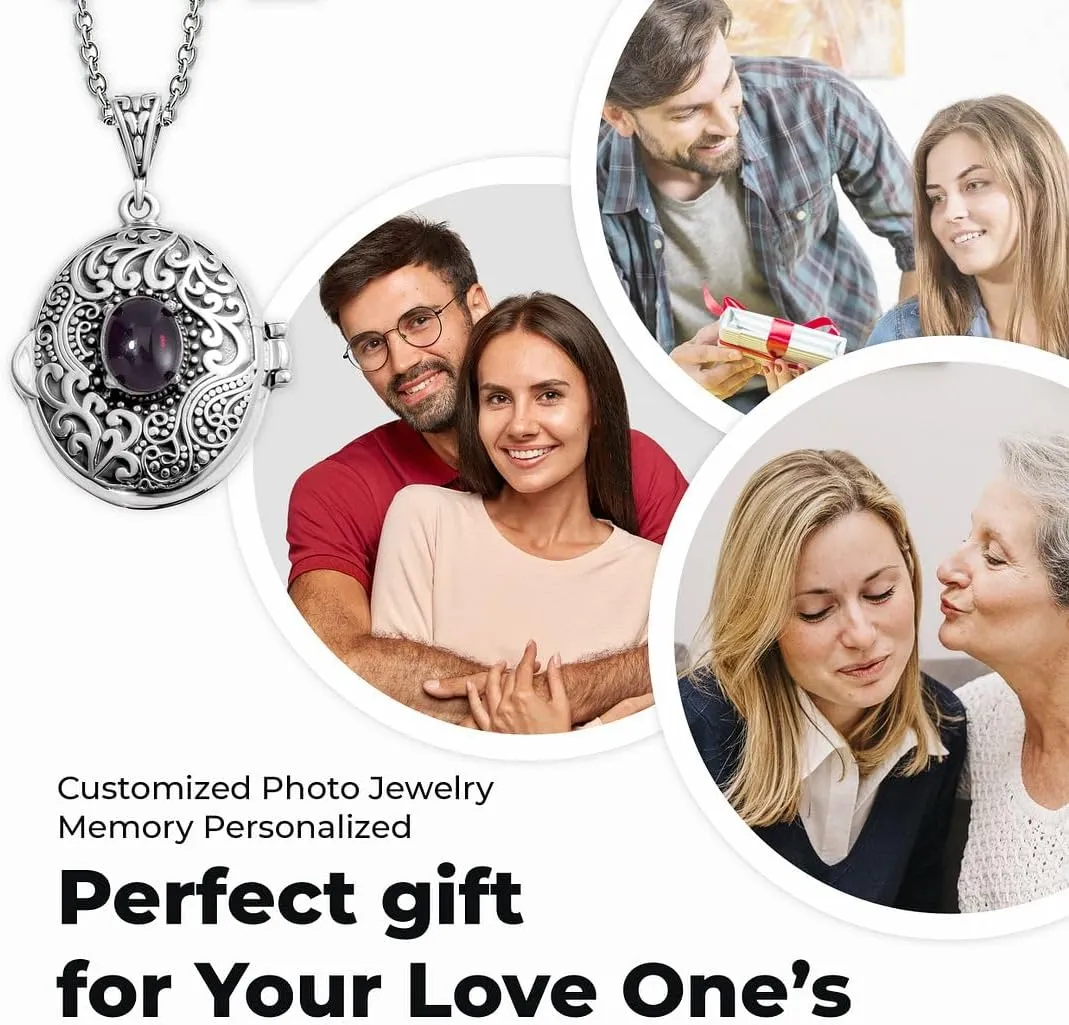 SHOP LC Multi Gemstone Picture Locket Necklace for Women Customized Photo Jewelry Memory Personalized Birthday Gifts for Women Stainless Steel Chain 24'' Birthday Gifts
