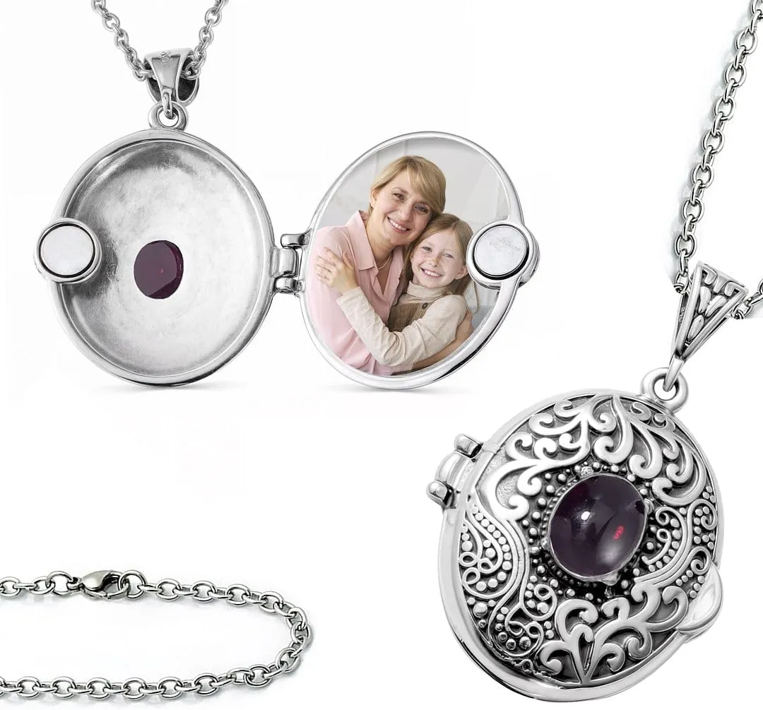 SHOP LC Multi Gemstone Picture Locket Necklace for Women Customized Photo Jewelry Memory Personalized Birthday Gifts for Women Stainless Steel Chain 24'' Birthday Gifts