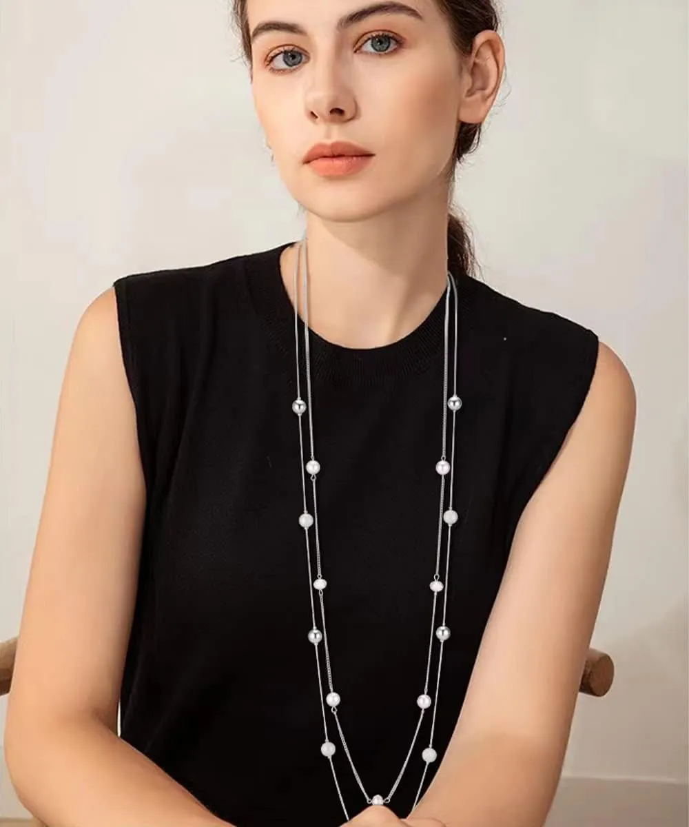 Silver Layered Long Necklace for Women Pearl Crystal Sweater Strand Chain Necklaces Fashion Gifts