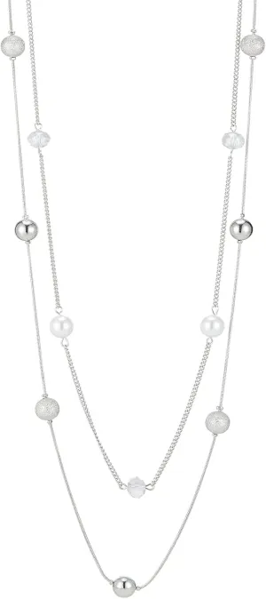 Silver Layered Long Necklace for Women Pearl Crystal Sweater Strand Chain Necklaces Fashion Gifts