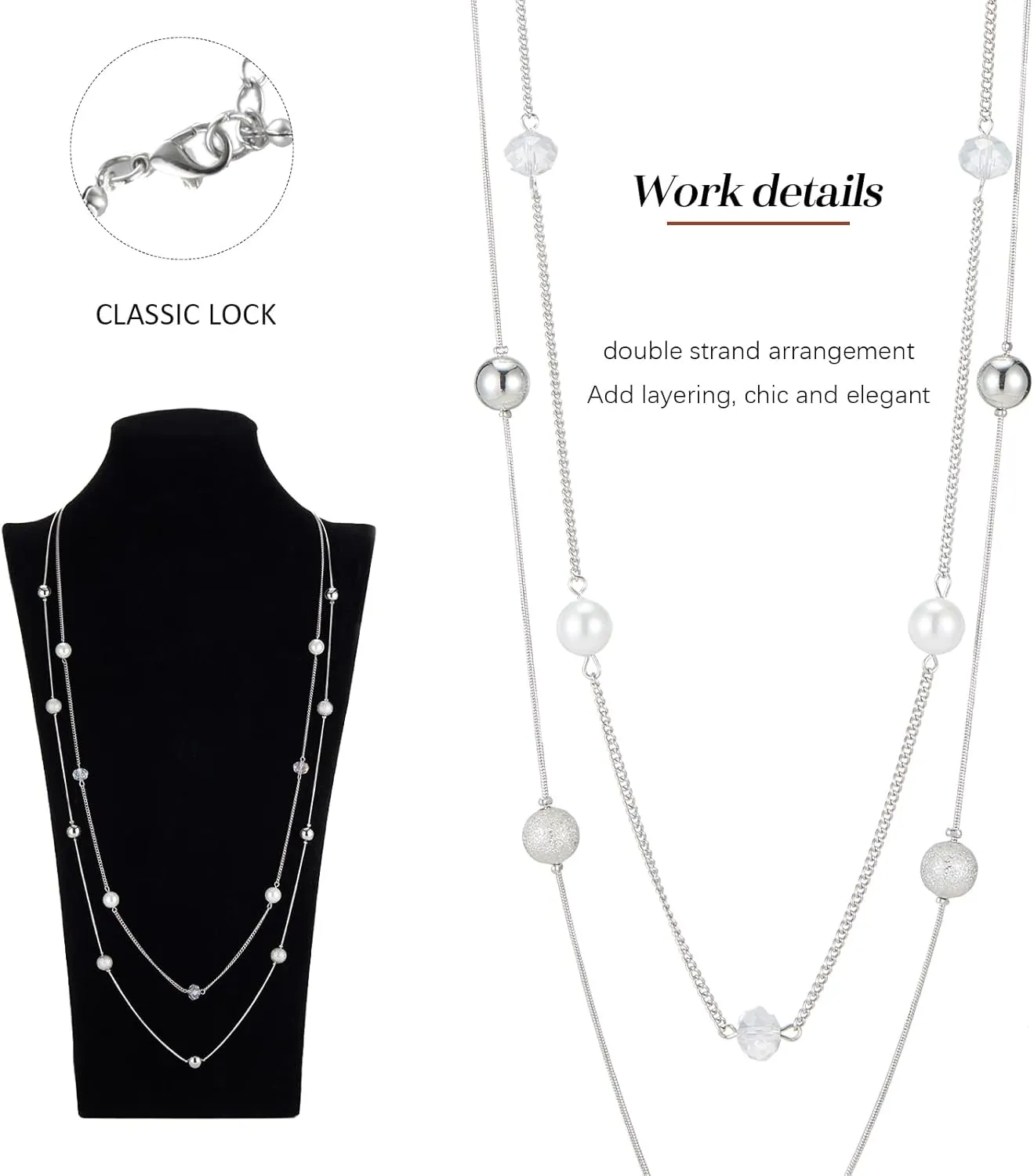 Silver Layered Long Necklace for Women Pearl Crystal Sweater Strand Chain Necklaces Fashion Gifts