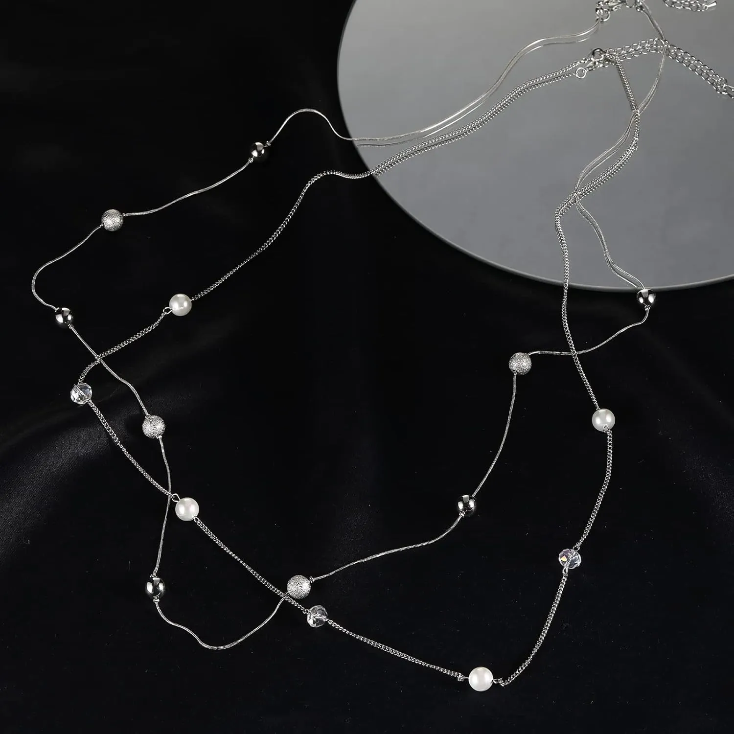 Silver Layered Long Necklace for Women Pearl Crystal Sweater Strand Chain Necklaces Fashion Gifts