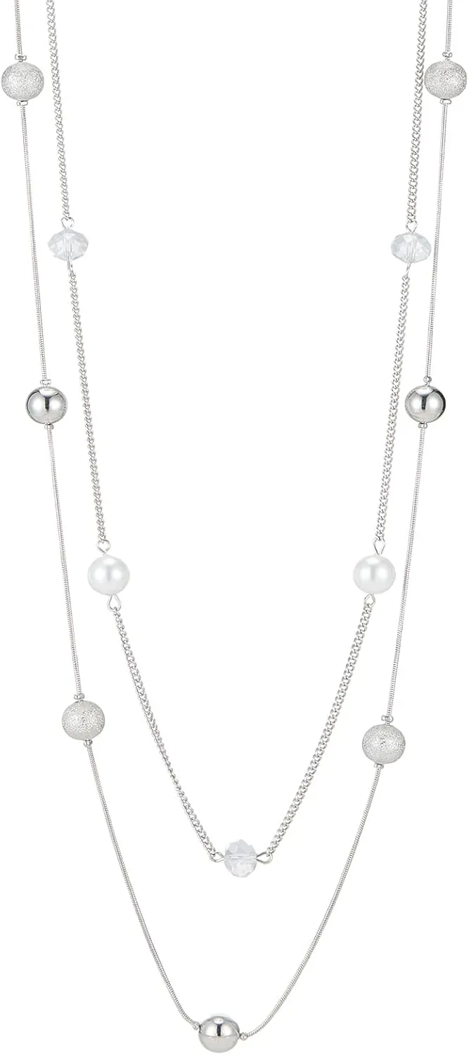 Silver Layered Long Necklace for Women Pearl Crystal Sweater Strand Chain Necklaces Fashion Gifts