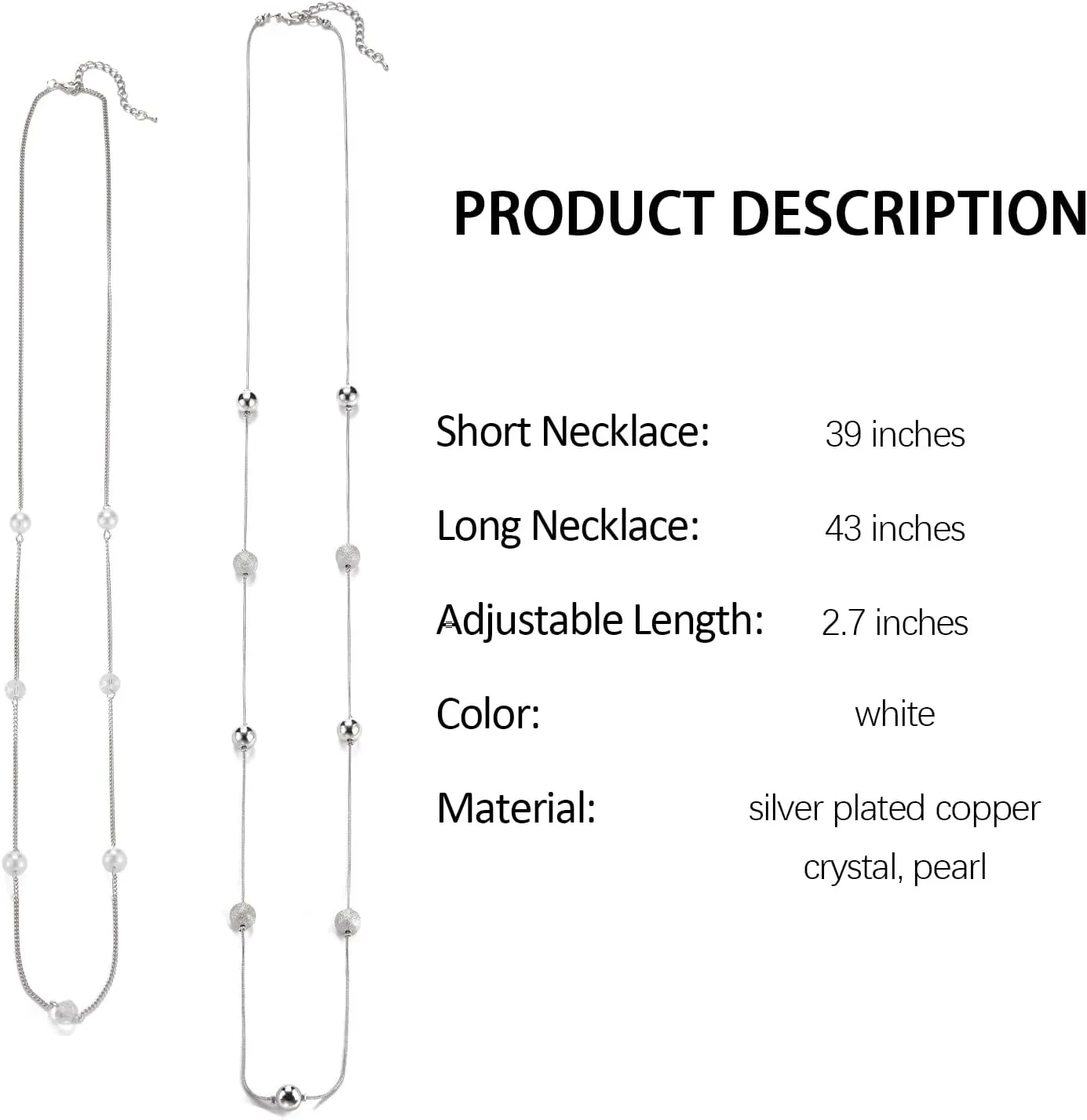 Silver Layered Long Necklace for Women Pearl Crystal Sweater Strand Chain Necklaces Fashion Gifts