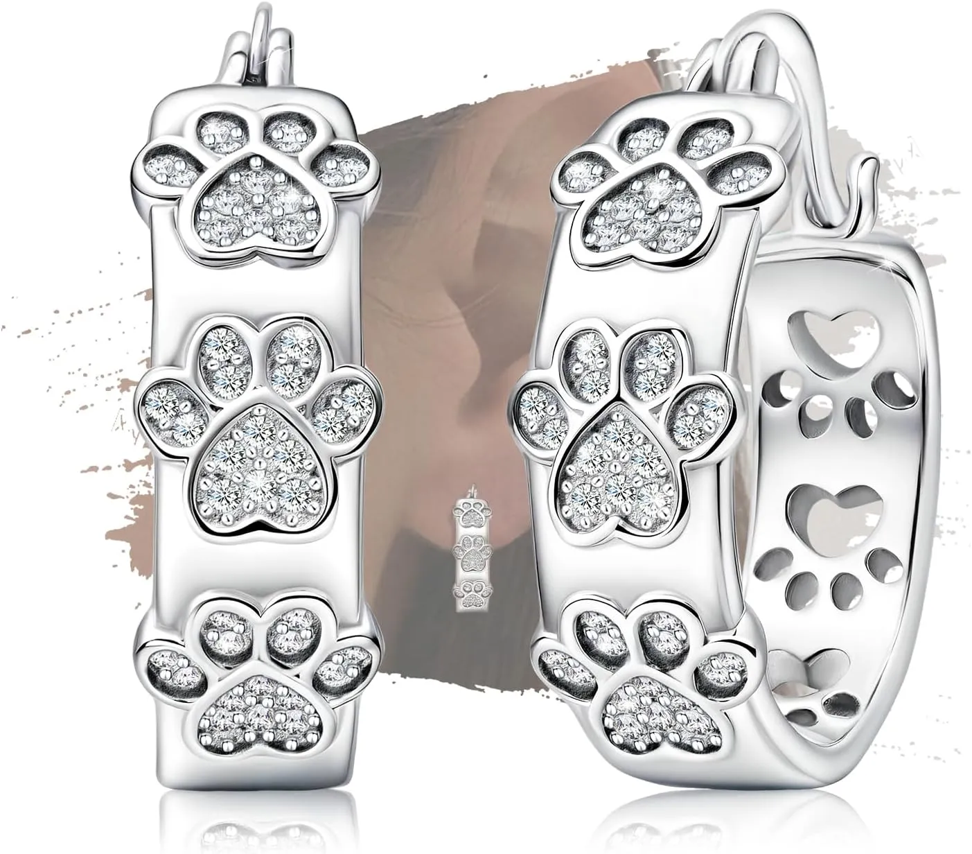 Silver Paw Print Hoop Earrings - Sterling Silver Hypoallergenic Cubic Zirconia Cute Animal Paw Print Hoop Earrings Dainty Round Earring for Sensitive Ears for Women