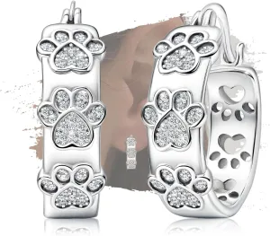 Silver Paw Print Hoop Earrings - Sterling Silver Hypoallergenic Cubic Zirconia Cute Animal Paw Print Hoop Earrings Dainty Round Earring for Sensitive Ears for Women