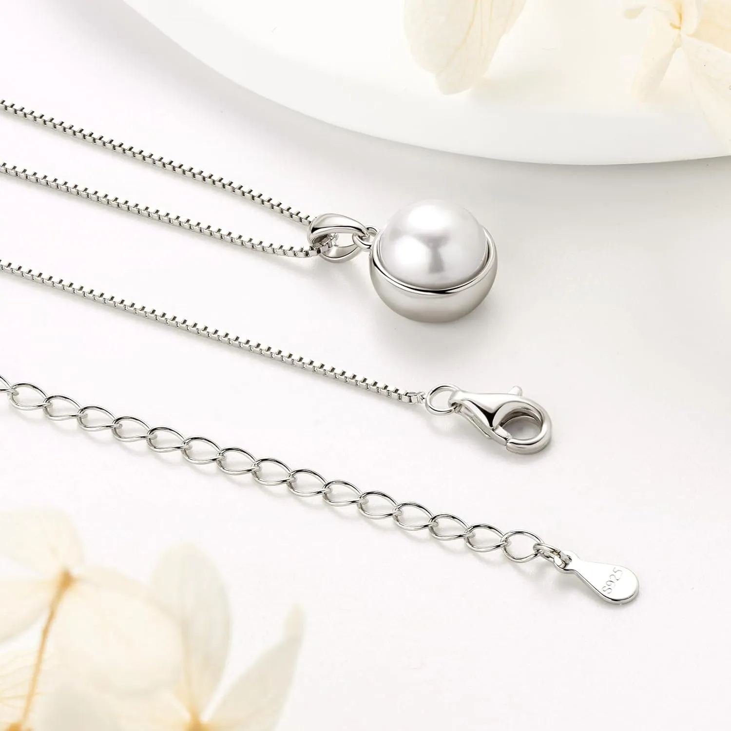 Simple Pearl Necklace for Women, 925 Sterling Silver Freshwater Cultured Single Pearl Pendant Necklaces, Anniversary Birthday Wedding Jewelry Gifts for Mom Wife Daughter