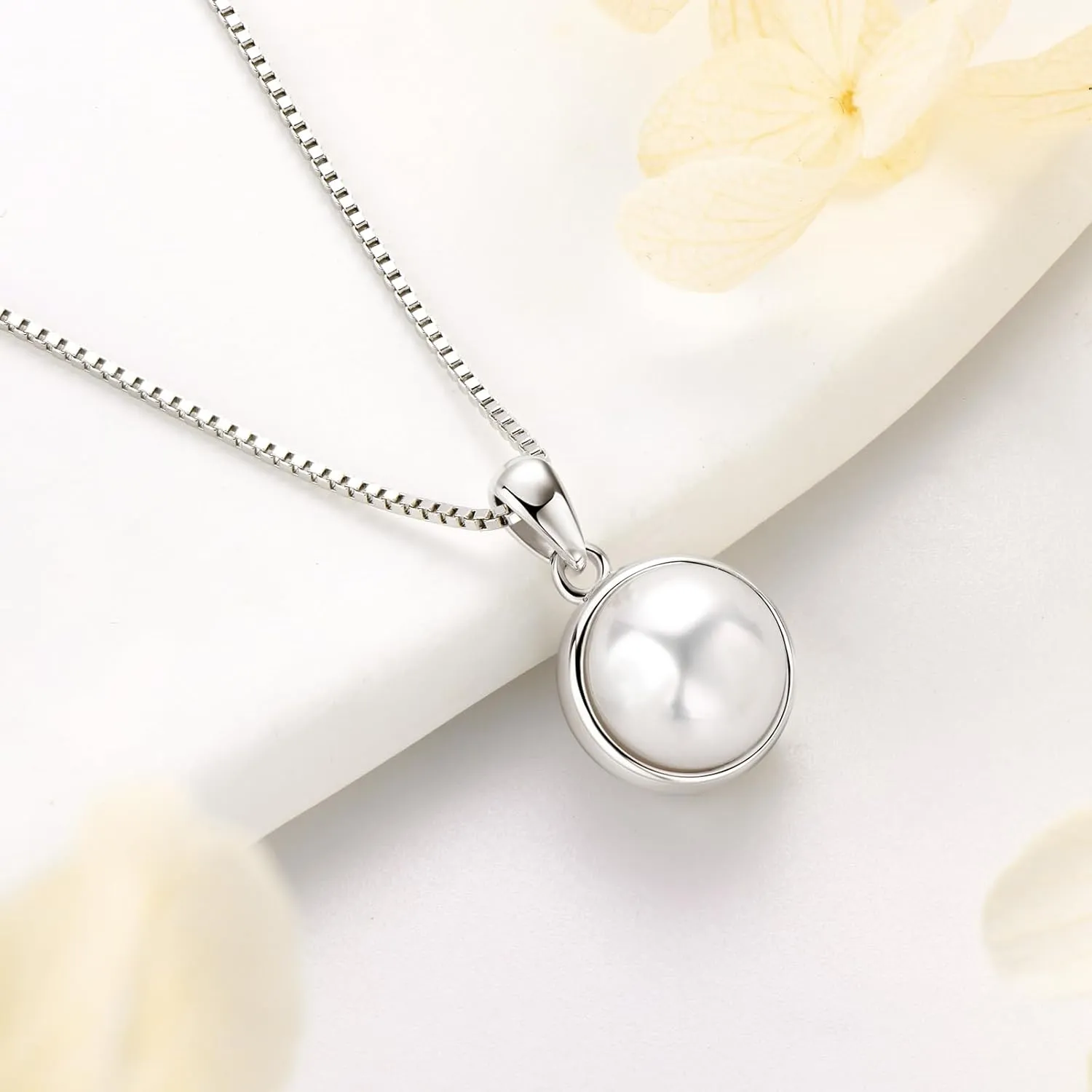 Simple Pearl Necklace for Women, 925 Sterling Silver Freshwater Cultured Single Pearl Pendant Necklaces, Anniversary Birthday Wedding Jewelry Gifts for Mom Wife Daughter
