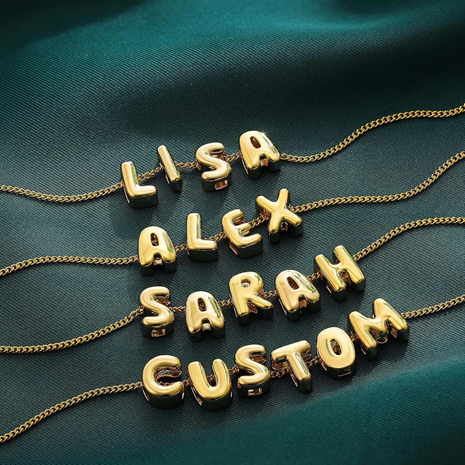 SLOONG Custom Name Beads Necklace for Women, 3D Letter Pendant 18K Gold Plated Dainty Initial Personalized Necklaces Gift for Mom Mother Girlfriend Initial Alphabet A-Z