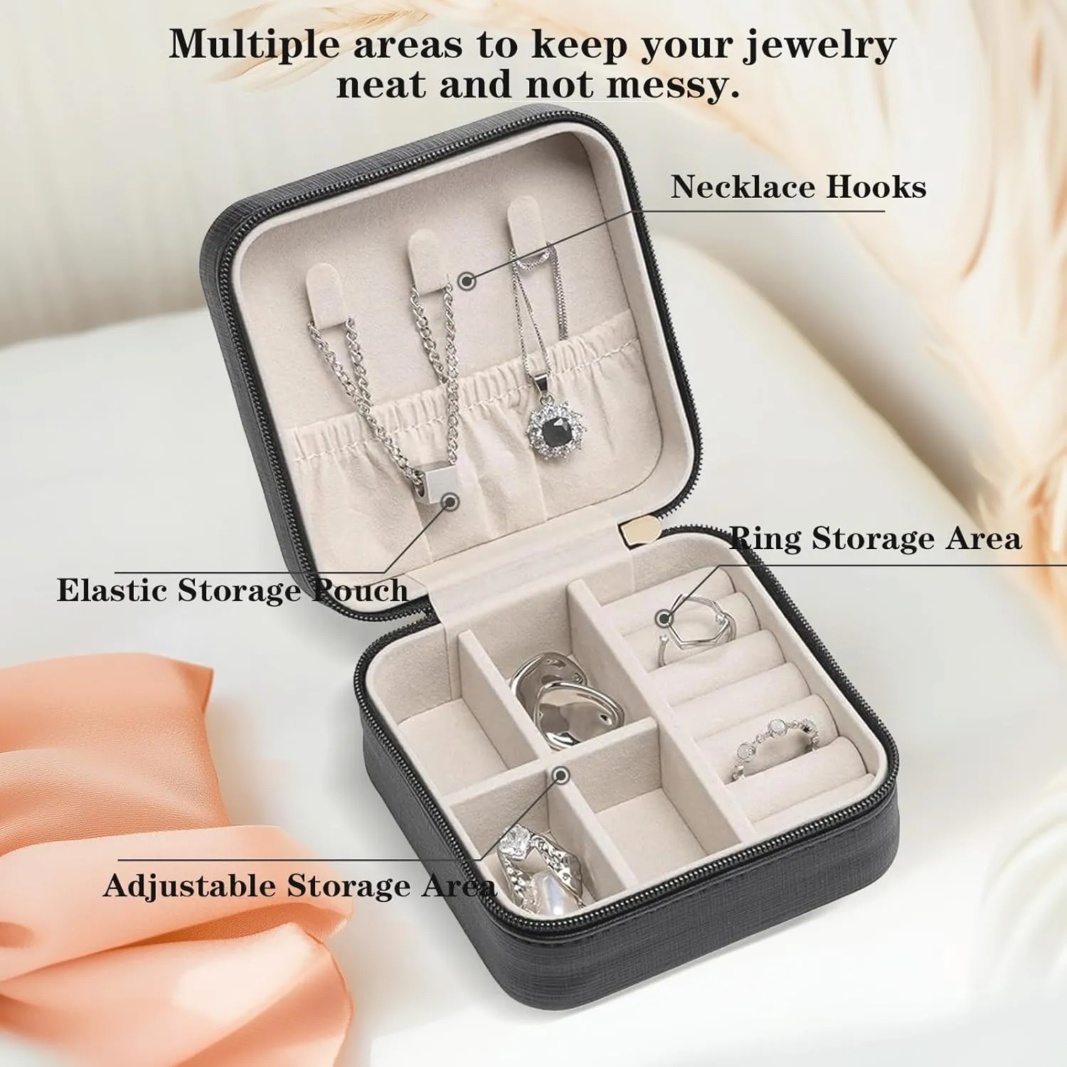 Small Travel Jewelry Box,Portable PU Leather Mini Jewelry Travel Display Organizer Storage Case for Girls Womens Earring,Rings,Necklaces,Bracelets (Black)