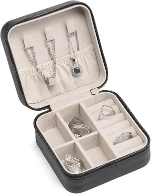 Small Travel Jewelry Box,Portable PU Leather Mini Jewelry Travel Display Organizer Storage Case for Girls Womens Earring,Rings,Necklaces,Bracelets (Black)