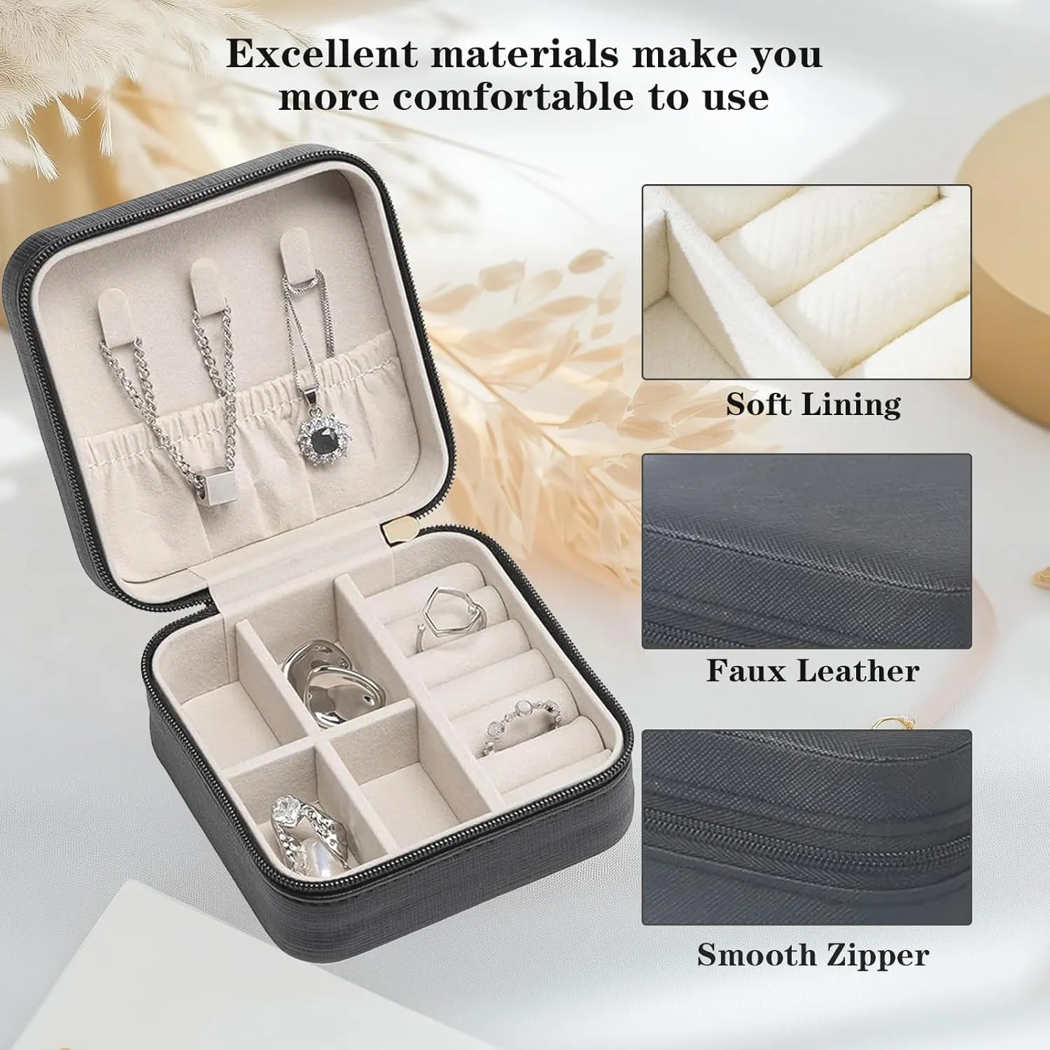 Small Travel Jewelry Box,Portable PU Leather Mini Jewelry Travel Display Organizer Storage Case for Girls Womens Earring,Rings,Necklaces,Bracelets (Black)