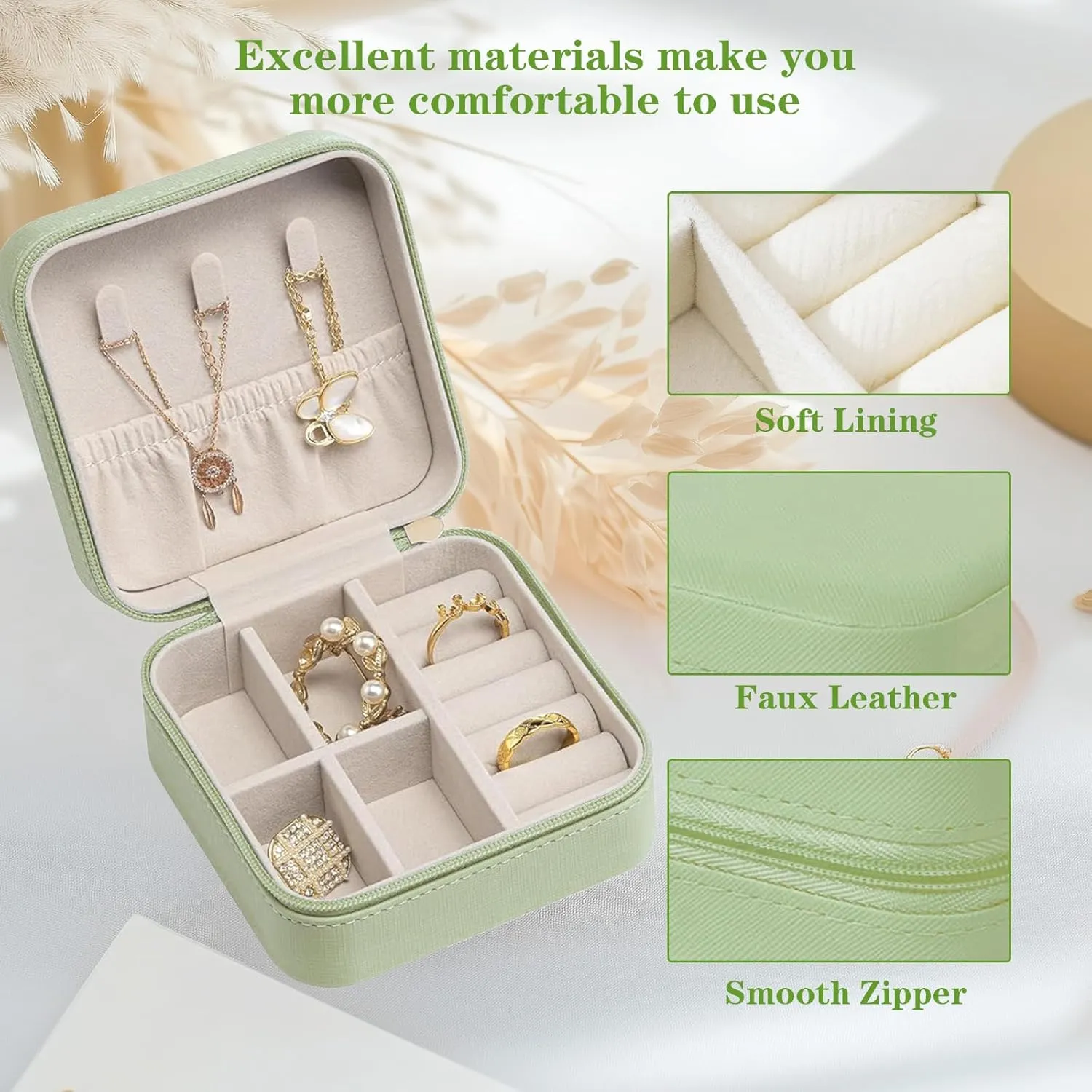 Small Travel Jewelry Box,Portable PU Leather Mini Jewelry Travel Display Organizer Storage Case for Girls Womens Earring,Rings,Necklaces,Bracelets (Light Green)