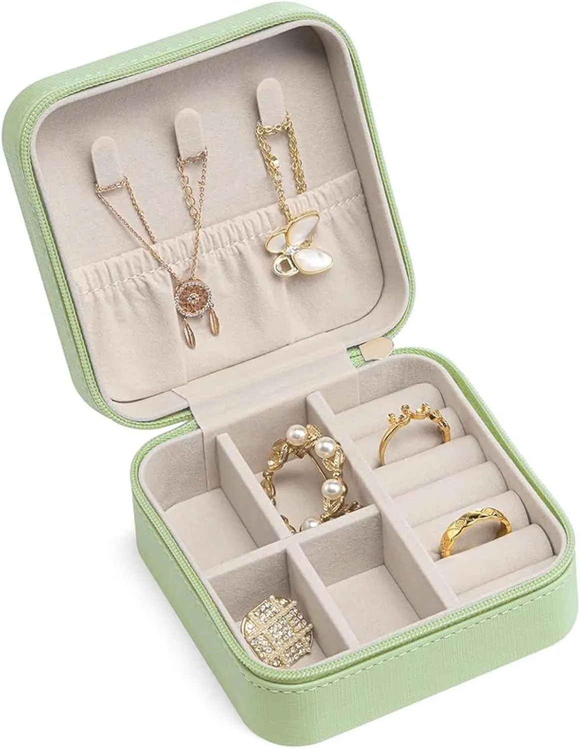 Small Travel Jewelry Box,Portable PU Leather Mini Jewelry Travel Display Organizer Storage Case for Girls Womens Earring,Rings,Necklaces,Bracelets (Light Green)