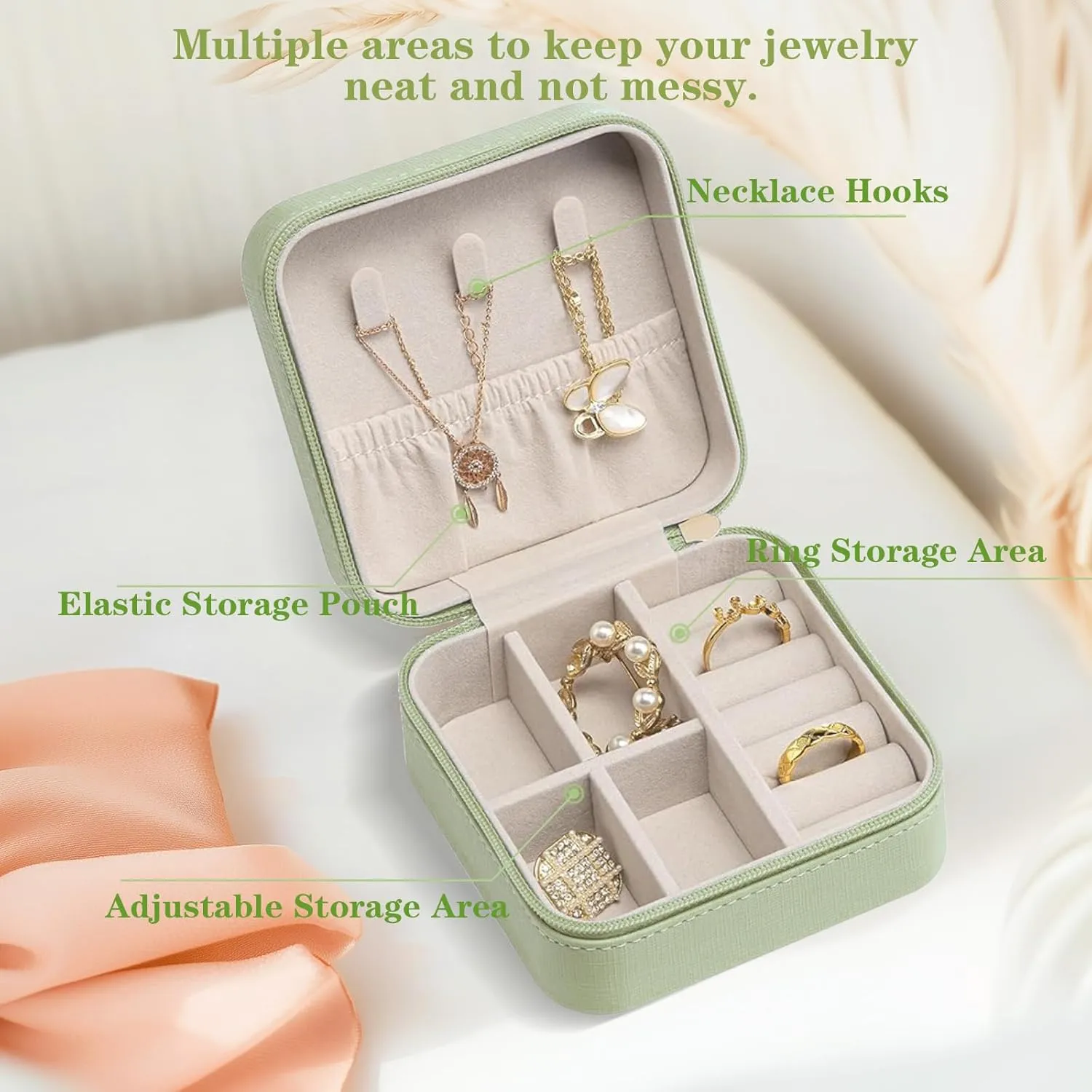 Small Travel Jewelry Box,Portable PU Leather Mini Jewelry Travel Display Organizer Storage Case for Girls Womens Earring,Rings,Necklaces,Bracelets (Light Green)