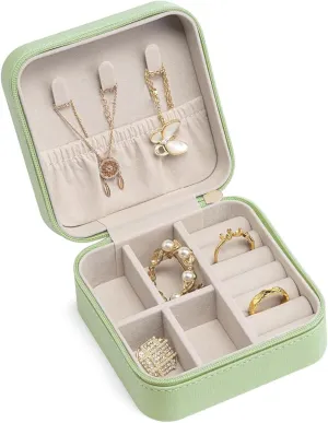 Small Travel Jewelry Box,Portable PU Leather Mini Jewelry Travel Display Organizer Storage Case for Girls Womens Earring,Rings,Necklaces,Bracelets (Light Green)