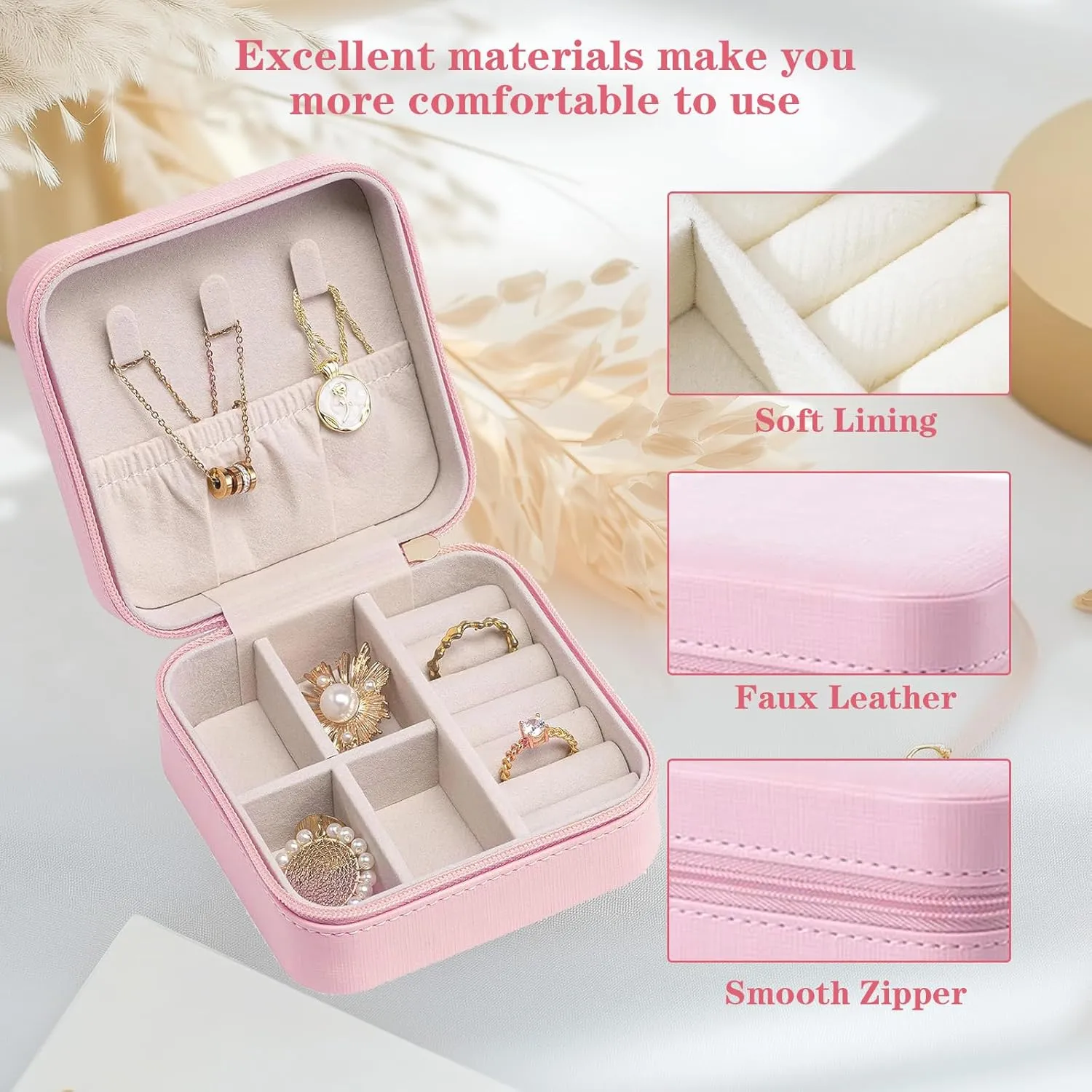 Small Travel Jewelry Box,Portable PU Leather Mini Jewelry Travel Display Organizer Storage Case for Girls Womens Earring,Rings,Necklaces,Bracelets (Pink)