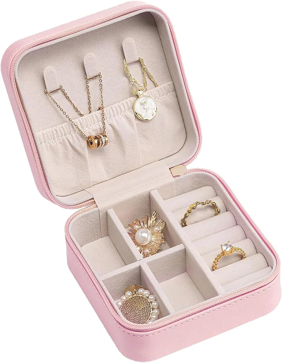 Small Travel Jewelry Box,Portable PU Leather Mini Jewelry Travel Display Organizer Storage Case for Girls Womens Earring,Rings,Necklaces,Bracelets (Pink)