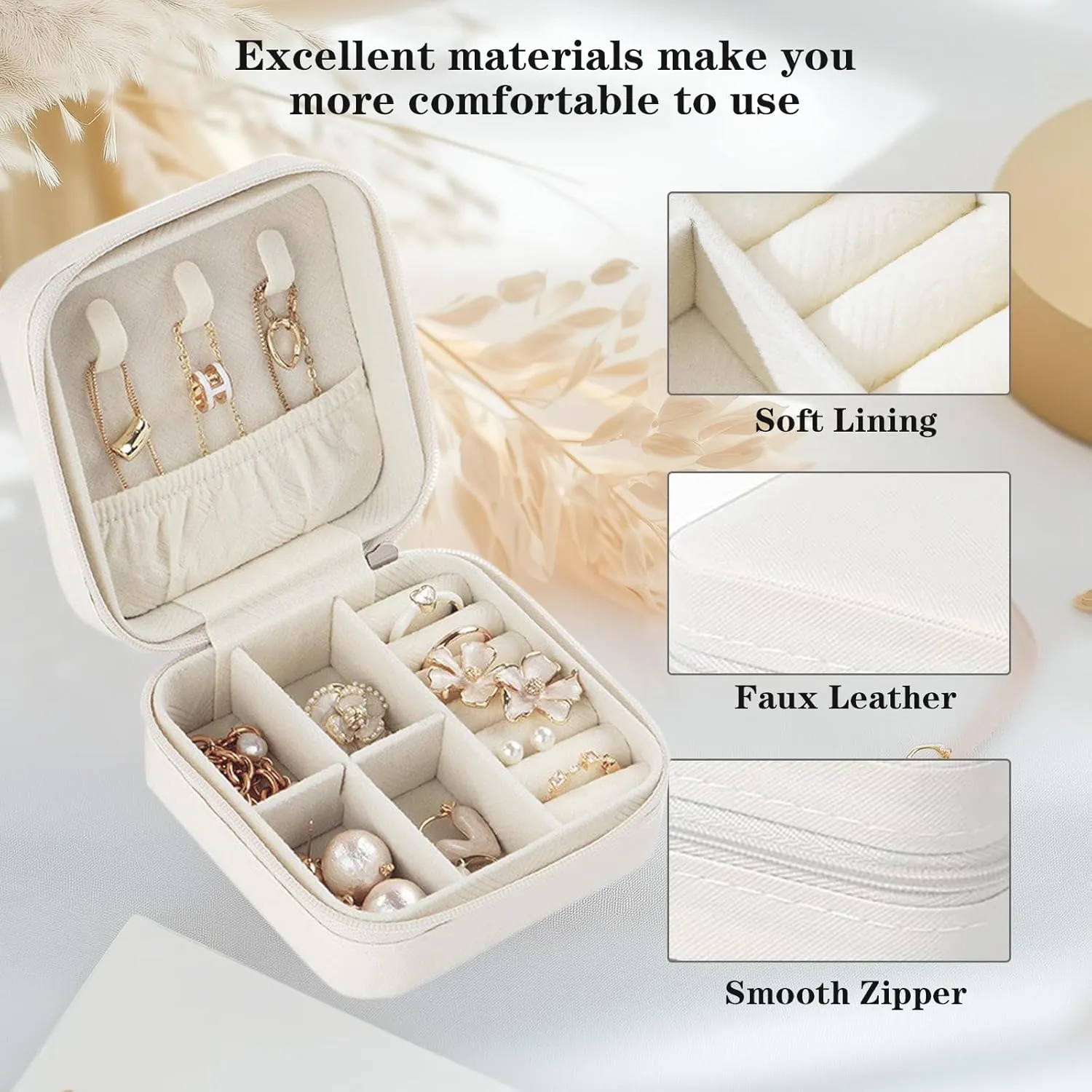 Small Travel Jewelry Box,Portable PU Leather Mini Jewelry Travel Display Organizer Storage Case for Girls Womens Earring,Rings,Necklaces,Bracelets (White)