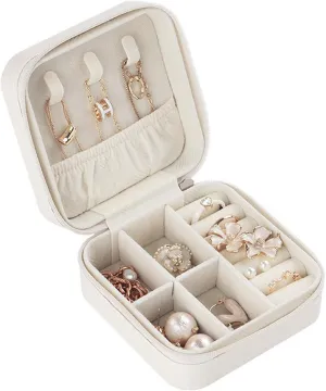 Small Travel Jewelry Box,Portable PU Leather Mini Jewelry Travel Display Organizer Storage Case for Girls Womens Earring,Rings,Necklaces,Bracelets (White)