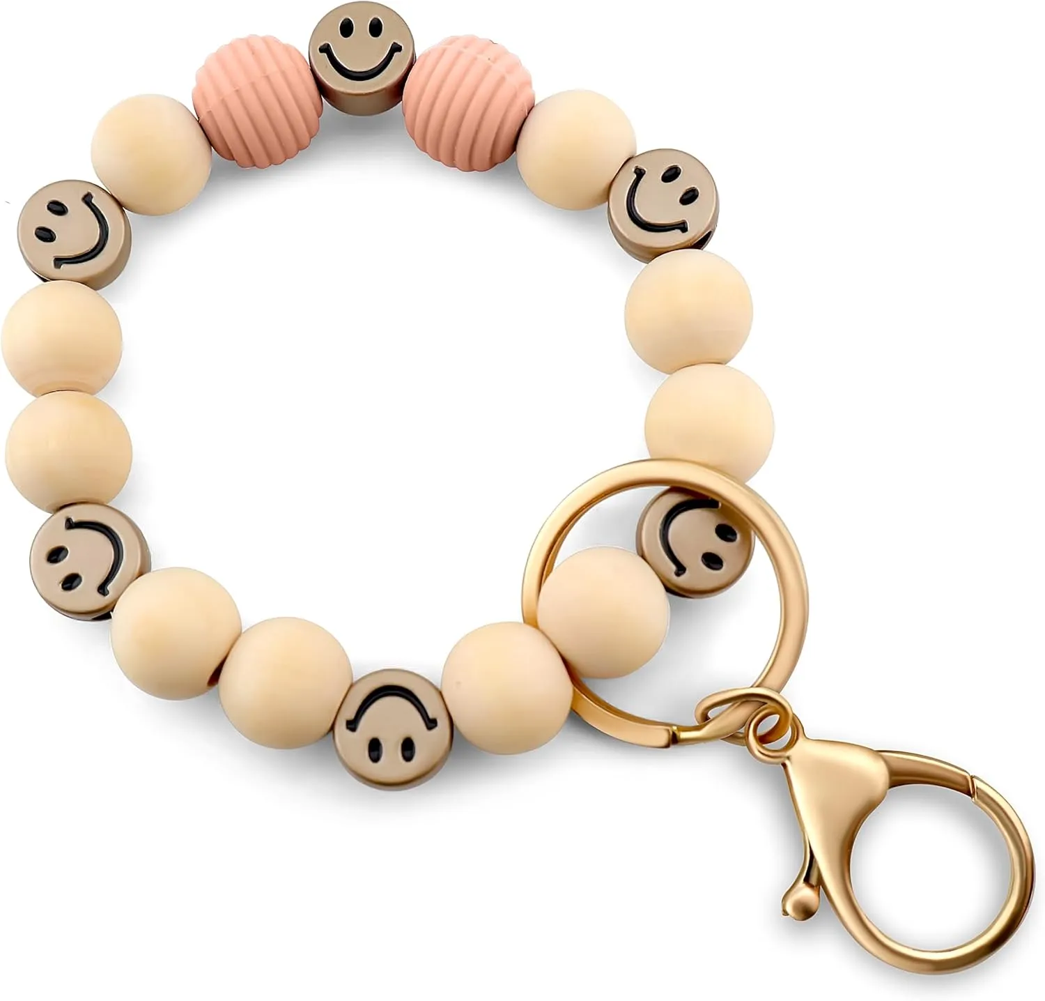 Smiley Keychain Bracelet for Women Wooden Beaded Key Ring Boho Wristlet Key Chain for Car Keys