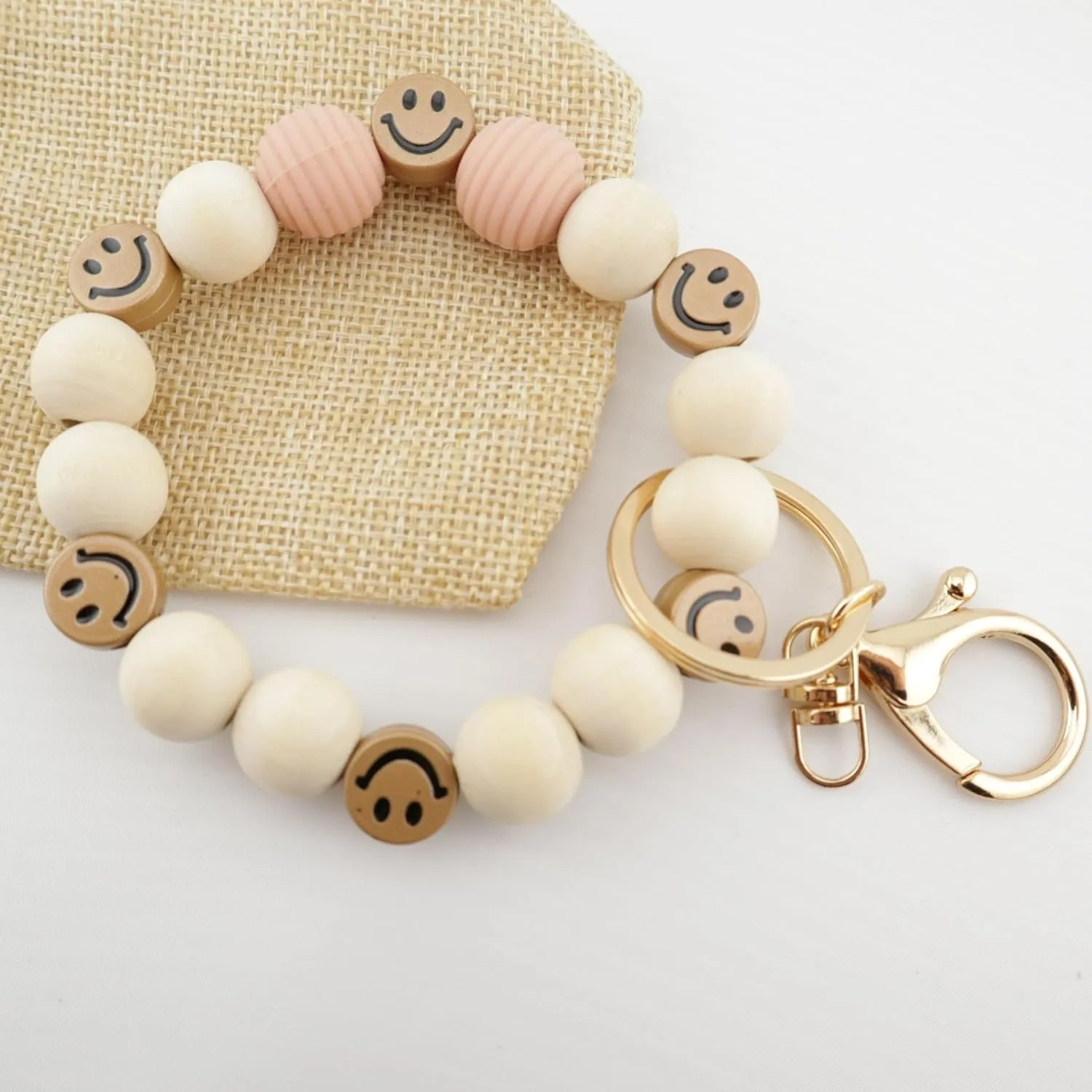 Smiley Keychain Bracelet for Women Wooden Beaded Key Ring Boho Wristlet Key Chain for Car Keys