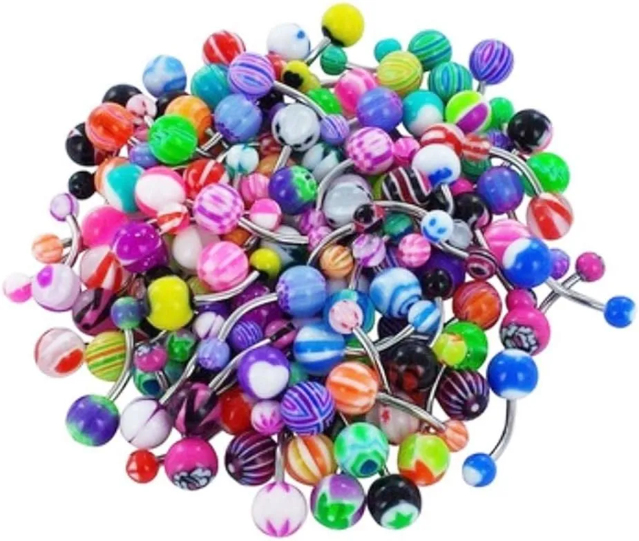 Stainless Steel Belly Button Navel Piercing Stud, 100Pcs Mixed Color Ball Belly Button Navel Rings Barbell Body Piercing Jewelry - Mixed Color