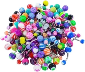 Stainless Steel Belly Button Navel Piercing Stud, 100Pcs Mixed Color Ball Belly Button Navel Rings Barbell Body Piercing Jewelry - Mixed Color