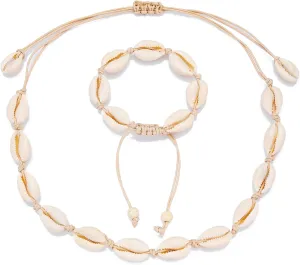 Starain 2Pcs Shell Necklace Anklet for Women Handmade Adjustable Puka Beach Shell Necklace Set