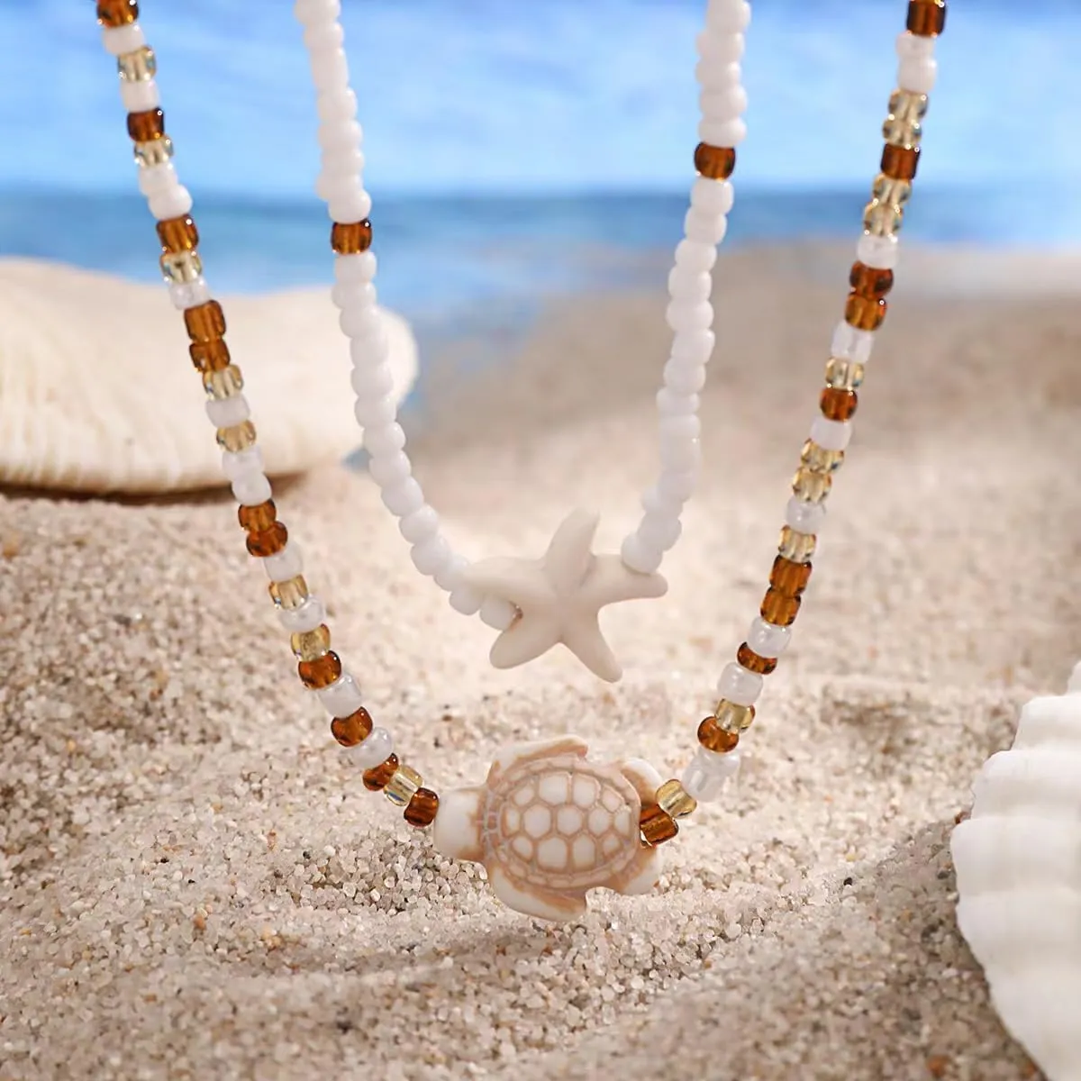 Starfish Beaded Necklace for Women Boho Turtle Beaded Necklace Starfish Layered Choker Necklace Surfer Waterproof Necklaces Summer Beach Hawaiian Jewelry