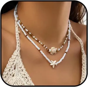 Starfish Beaded Necklace for Women Boho Turtle Beaded Necklace Starfish Layered Choker Necklace Surfer Waterproof Necklaces Summer Beach Hawaiian Jewelry