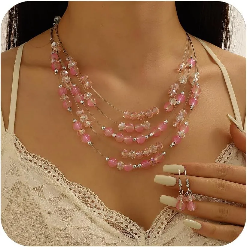 Statement Necklace for Women, Layered Chunky Beaded Crystal Pearl Necklaces Colorful Multi-Layer Strand Necklace and Earrings Set Bridal Jewelry Set for Wedding Prom Jewelry Sets