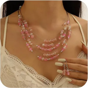Statement Necklace for Women, Layered Chunky Beaded Crystal Pearl Necklaces Colorful Multi-Layer Strand Necklace and Earrings Set Bridal Jewelry Set for Wedding Prom Jewelry Sets