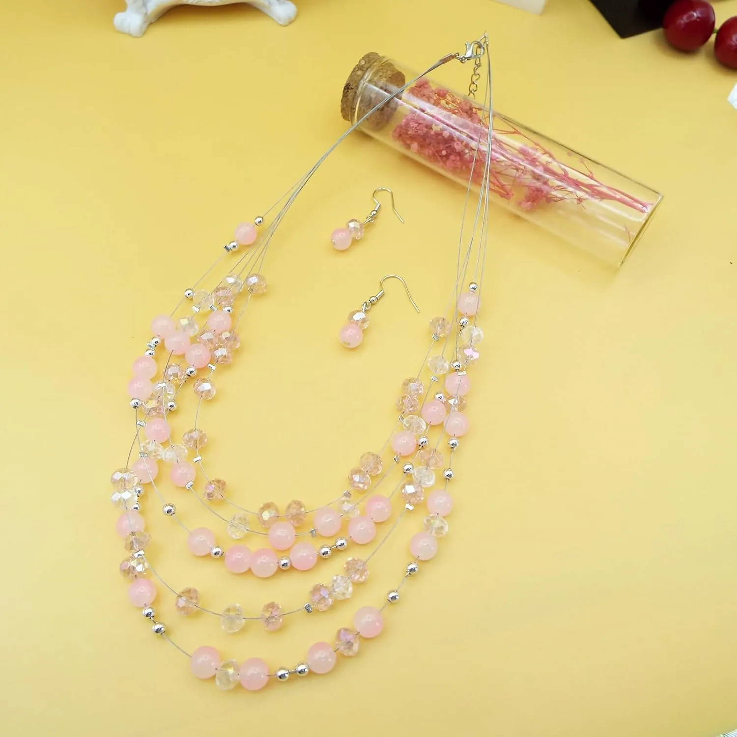 Statement Necklace for Women, Layered Chunky Beaded Crystal Pearl Necklaces Colorful Multi-Layer Strand Necklace and Earrings Set Bridal Jewelry Set for Wedding Prom Jewelry Sets