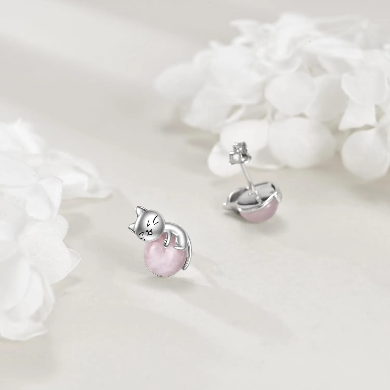 Sterling Silver Birthstone Black Cat Stud Earrings - Cat Birthstone Earrings for Women's Birthday Gift