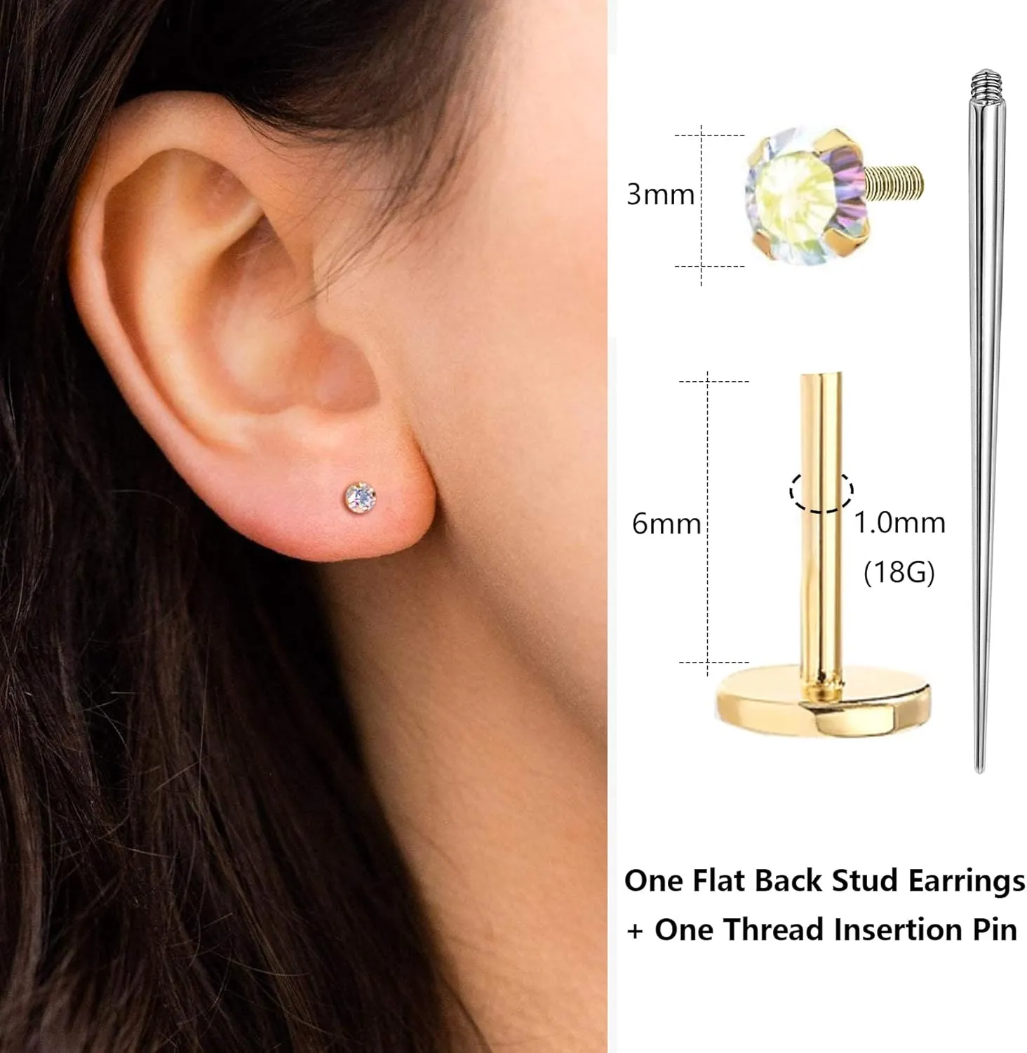 Sterling Silver Flat Back Stud Earrings Internally Threaded Labret Piercing Studs Flat Piercing Earrings Studs Nose Studs for Women