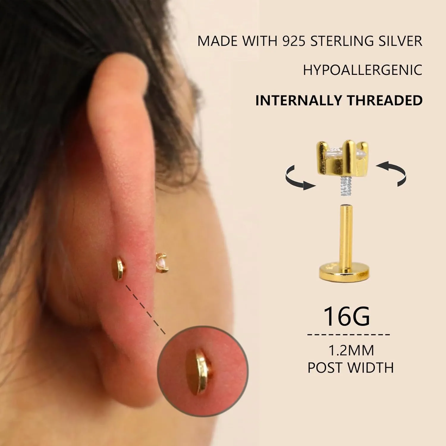 Sterling Silver Flat Back Stud Earrings Internally Threaded Labret Piercing Studs Flat Piercing Earrings Studs Nose Studs for Women