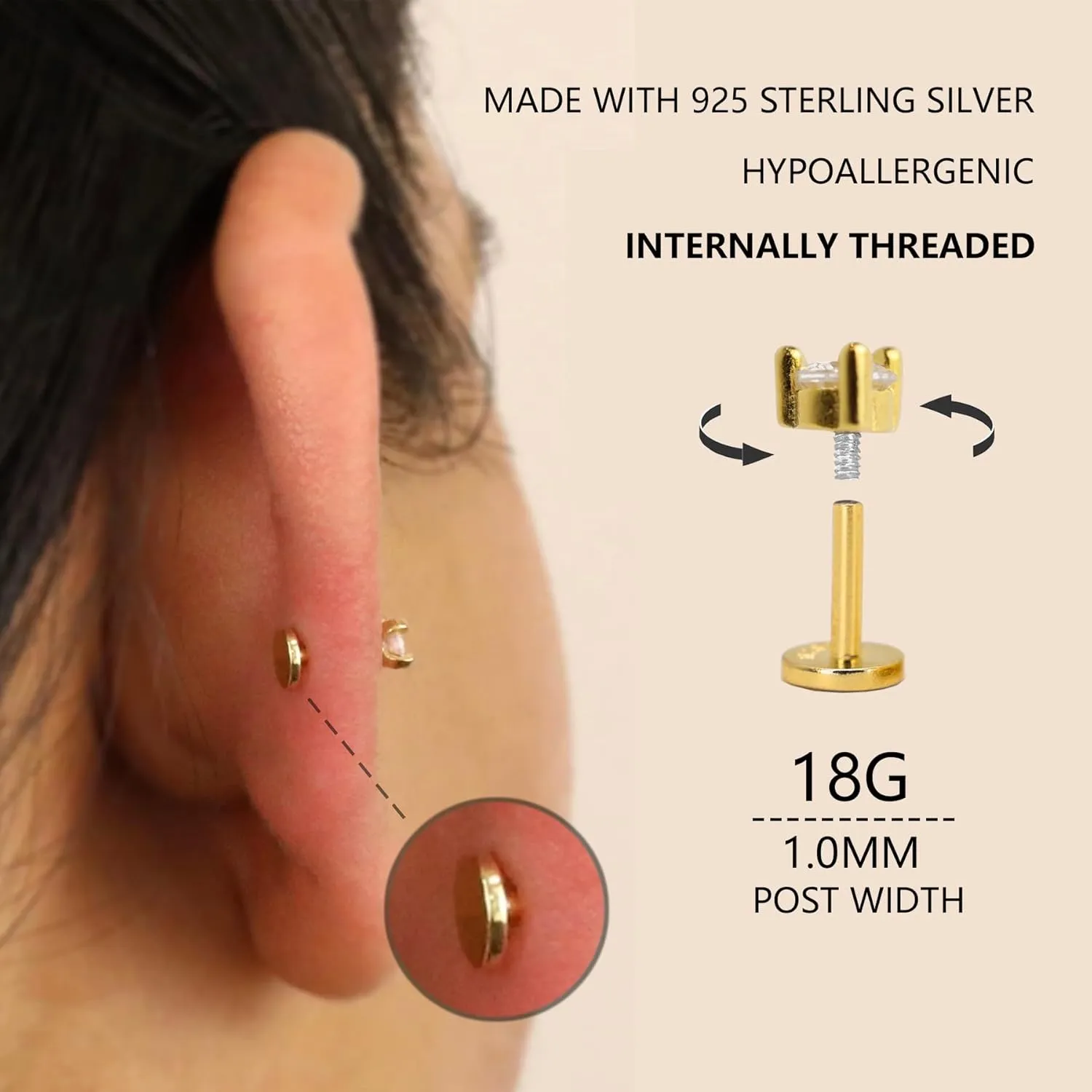 Sterling Silver Flat Back Stud Earrings Internally Threaded Labret Piercing Studs Flat Piercing Earrings Studs Nose Studs for Women