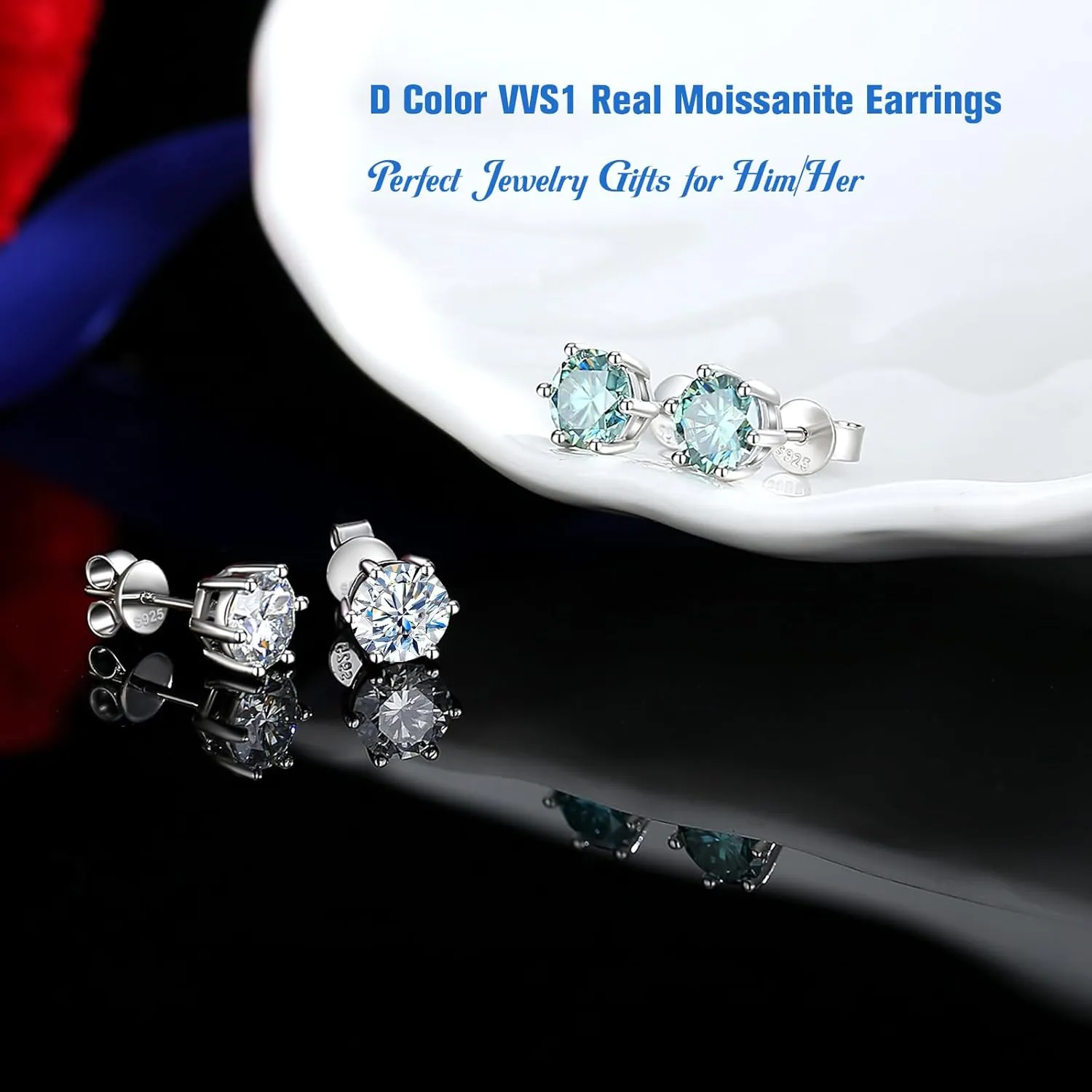 Sterling Silver Moissanite Earrings for Men Women, 2Ct Pair 6.5MM Round Cut Lab Imitation-diamond Stud Earrings 18K White Gold Plated Jewelry Gifts