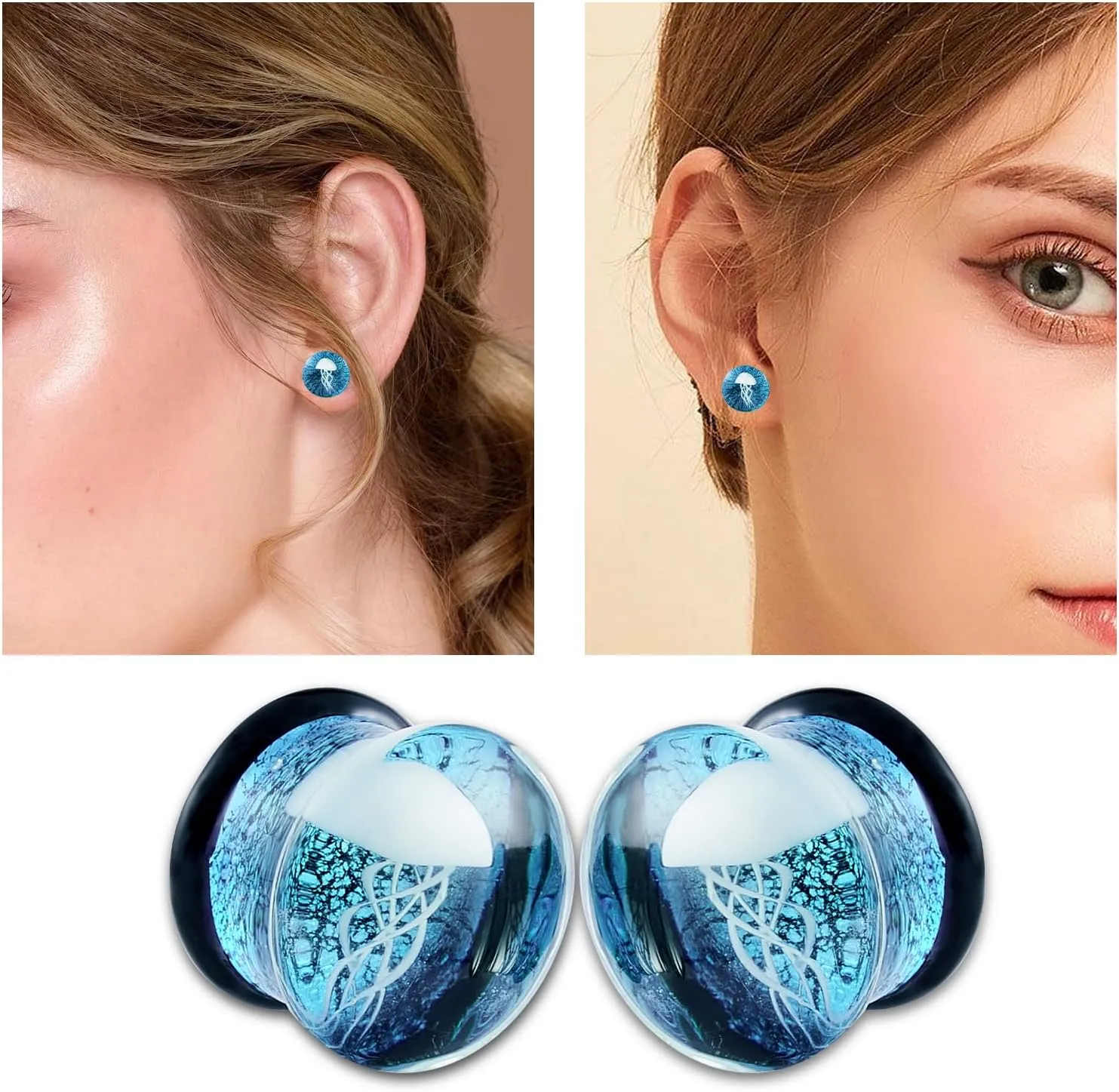 Stuppendux 1Pair Jellyfish Ocean Ear Glass Tunnels Unique and Exquisite Ear Plugs Gauges Piercing Stretching Kit 0G-5/8 8MM-16MM