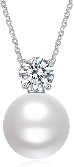 SUNFEEL Pearl Necklaces for Women, 925 Sterling Silver CZ Imitation Shell Pearl Pendant Necklace for Mothers Wives Girlfriends Bridesmaids, Dainty Pearl Jewelry Gift for Anniversary Birthday Wedding