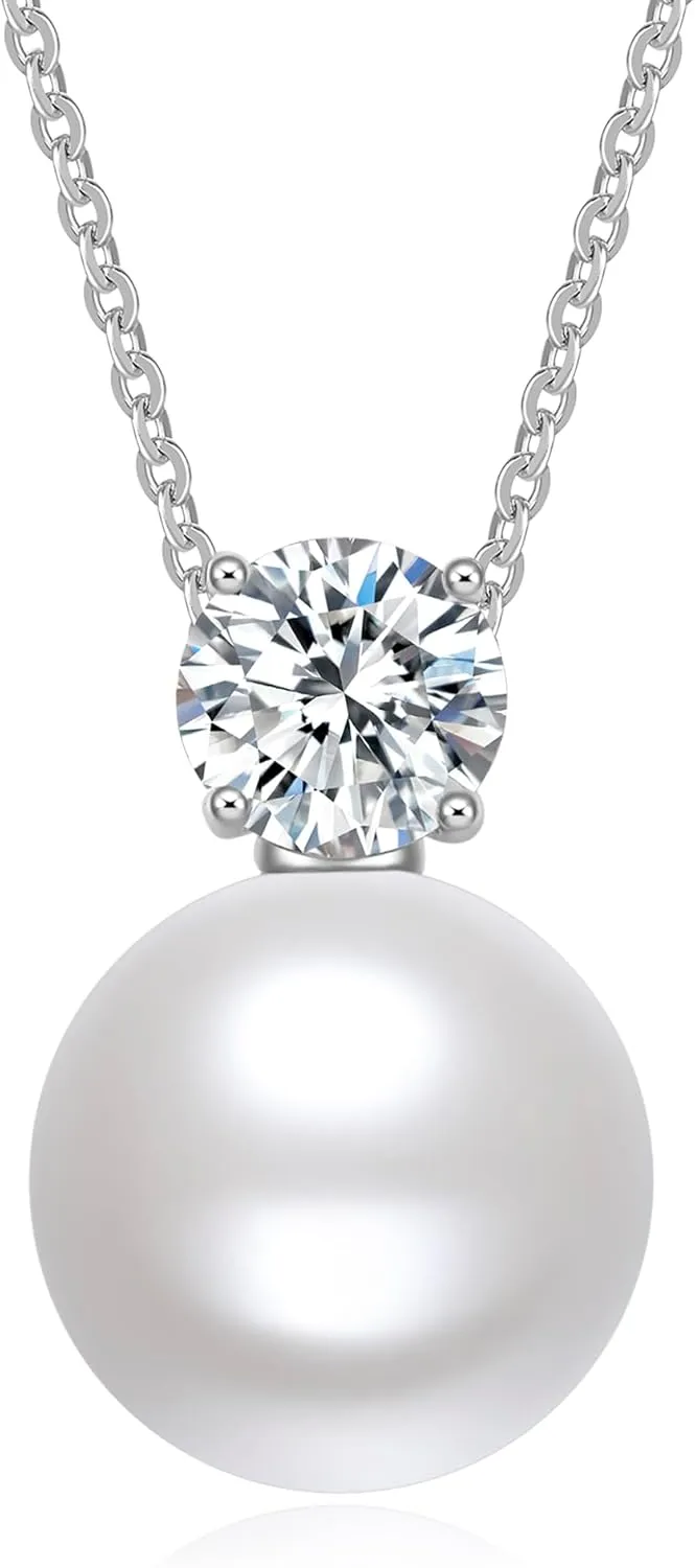 SUNFEEL Pearl Necklaces for Women, 925 Sterling Silver CZ Imitation Shell Pearl Pendant Necklace for Mothers Wives Girlfriends Bridesmaids, Dainty Pearl Jewelry Gift for Anniversary Birthday Wedding