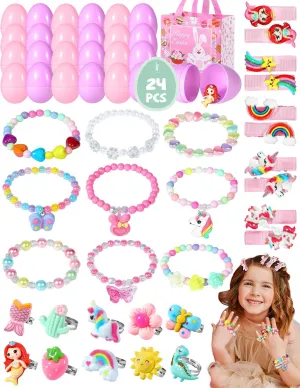 Swooflia 24 Pack Easter Egg Jewelry Basket Stuffers Gifts for Girls - Pink Purple Easter Hunt Unfilled Bracelets Hair Clips Rings 3 4 5 6 7 8 12 Year Old Kids Litter Girl Teens Accessories