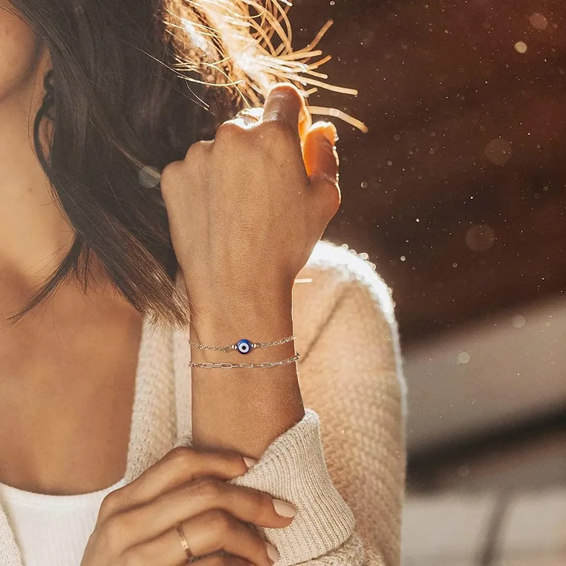 Tarsus Gold Plated Evil Eye Bracelet/Anklets Layered Amulet Nazar for Women