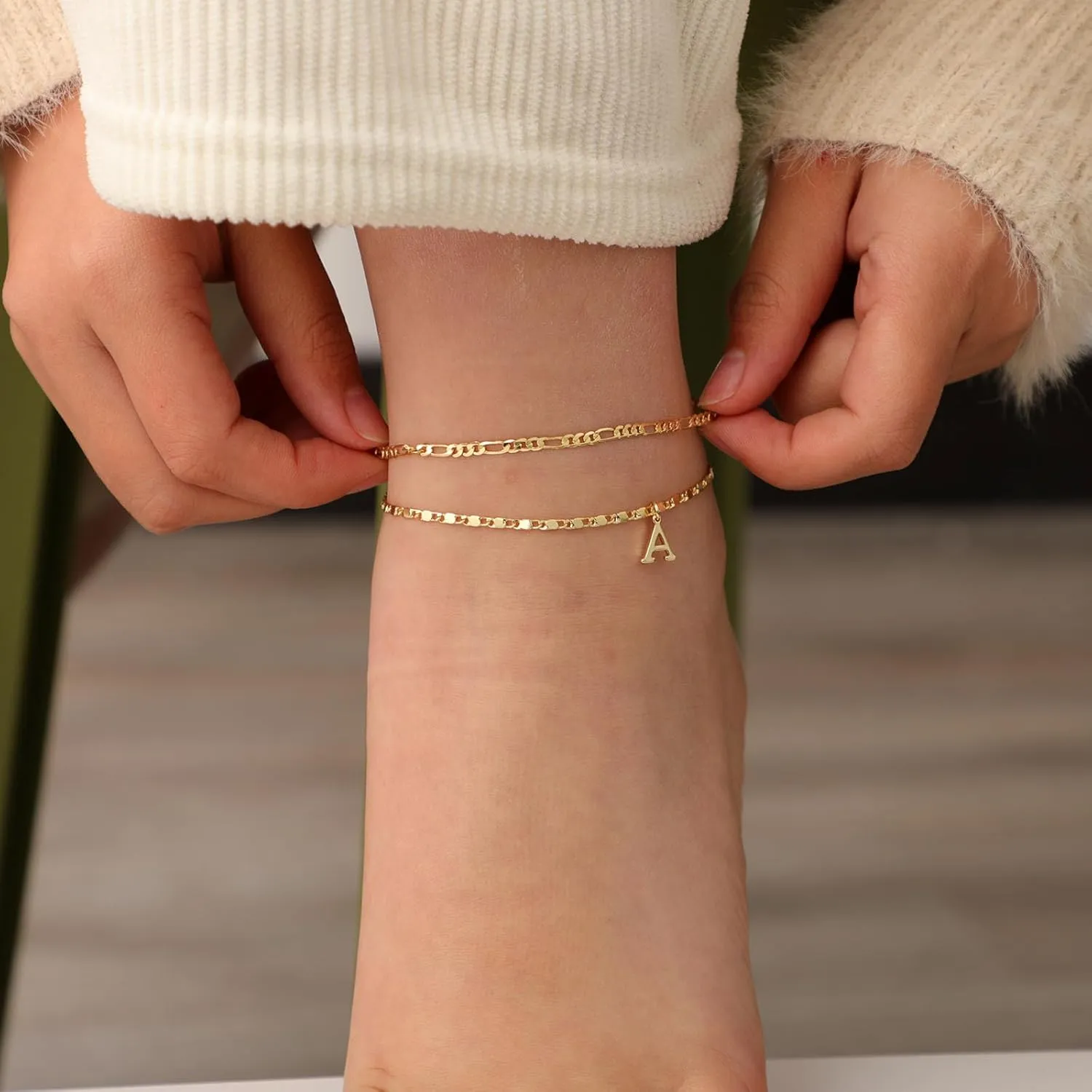 Tasiso Initial Ankle Bracelets for WomenLayered Waterproof Anklet for Women 14K Gold Filled Anklets Layering Thin Figaro Letter Anklet Summer Jewelry Gifts for Women