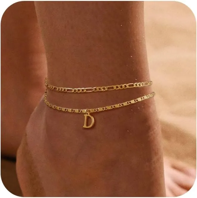 Tasiso Initial Ankle Bracelets for WomenLayered Waterproof Anklet for Women 14K Gold Filled Anklets Layering Thin Figaro Letter Anklet Summer Jewelry Gifts for Women