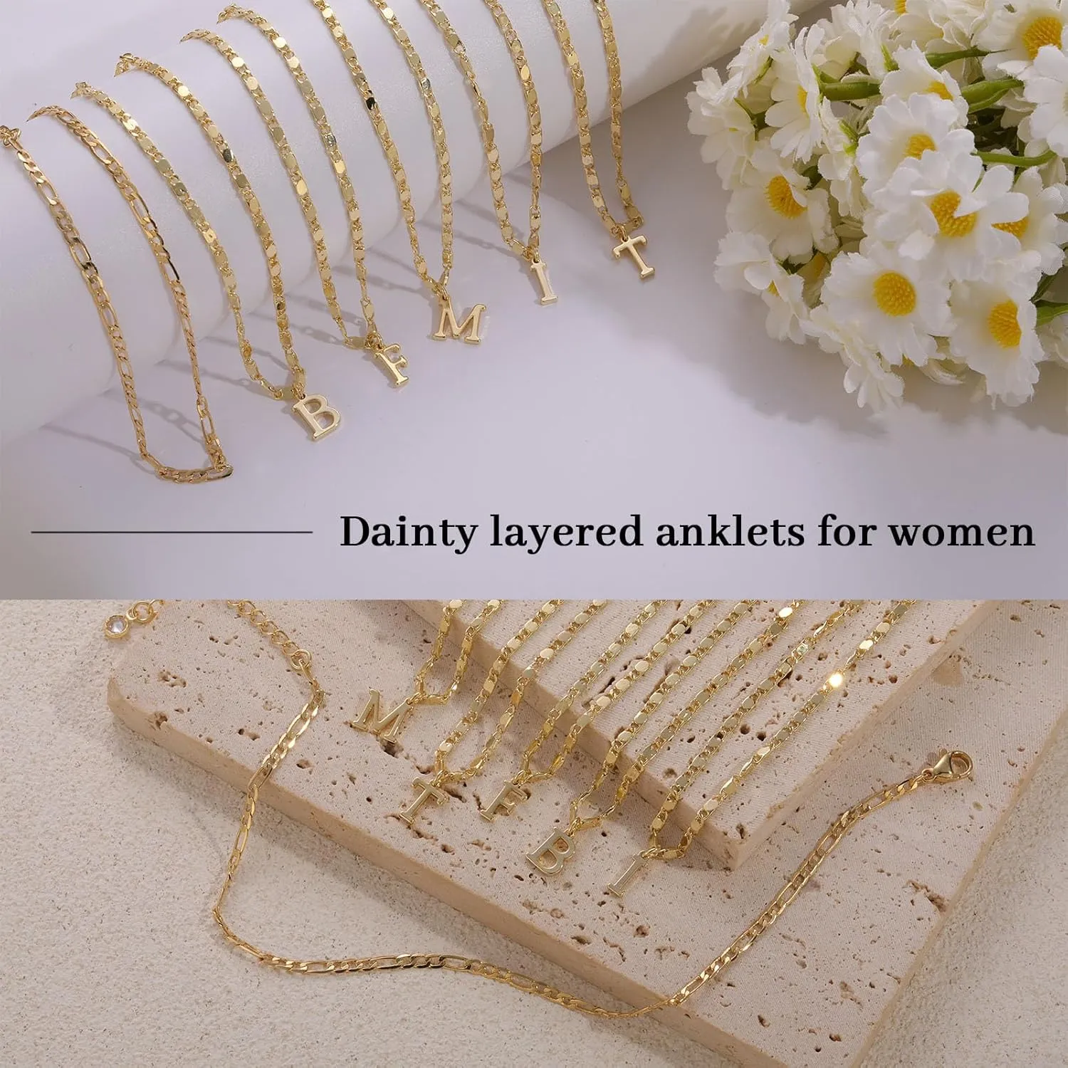 Tasiso Initial Ankle Bracelets for WomenLayered Waterproof Anklet for Women 14K Gold Filled Anklets Layering Thin Figaro Letter Anklet Summer Jewelry Gifts for Women