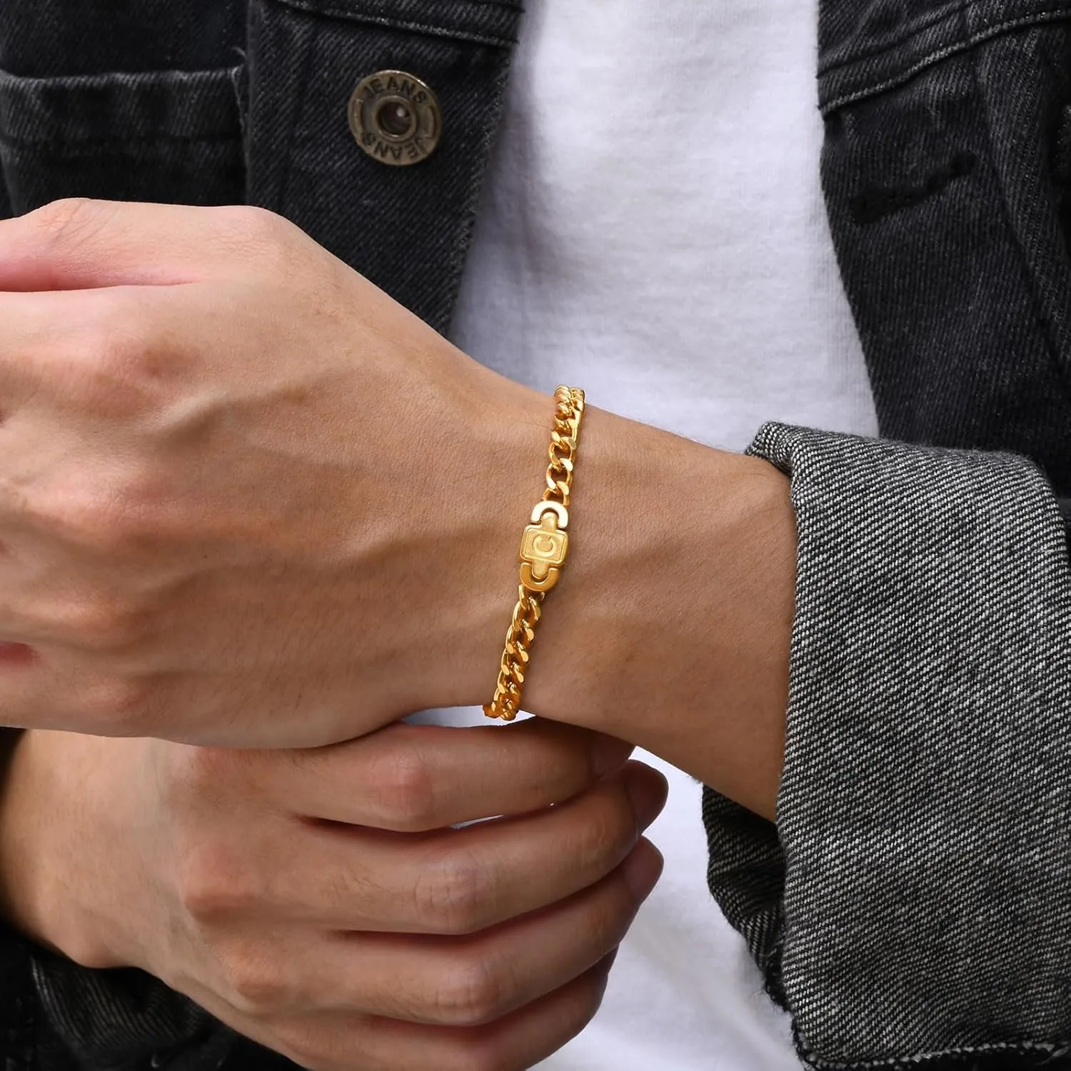 Tempbeau Initial Bracelets for Men Women - Personalized A-Z Letter Stainless Steel Cuband Link Chain Bracelet Christmas Birthday Valentines Day Trendy Jewelry Gifts Ideas for Boyfriend Teen Boys Girls